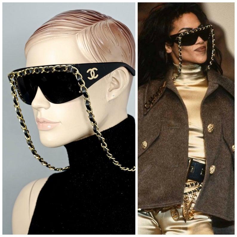 Women's or Men's Vintage 1992 CHANEL Iconic Logo Leather Chain Drop Sunglasses