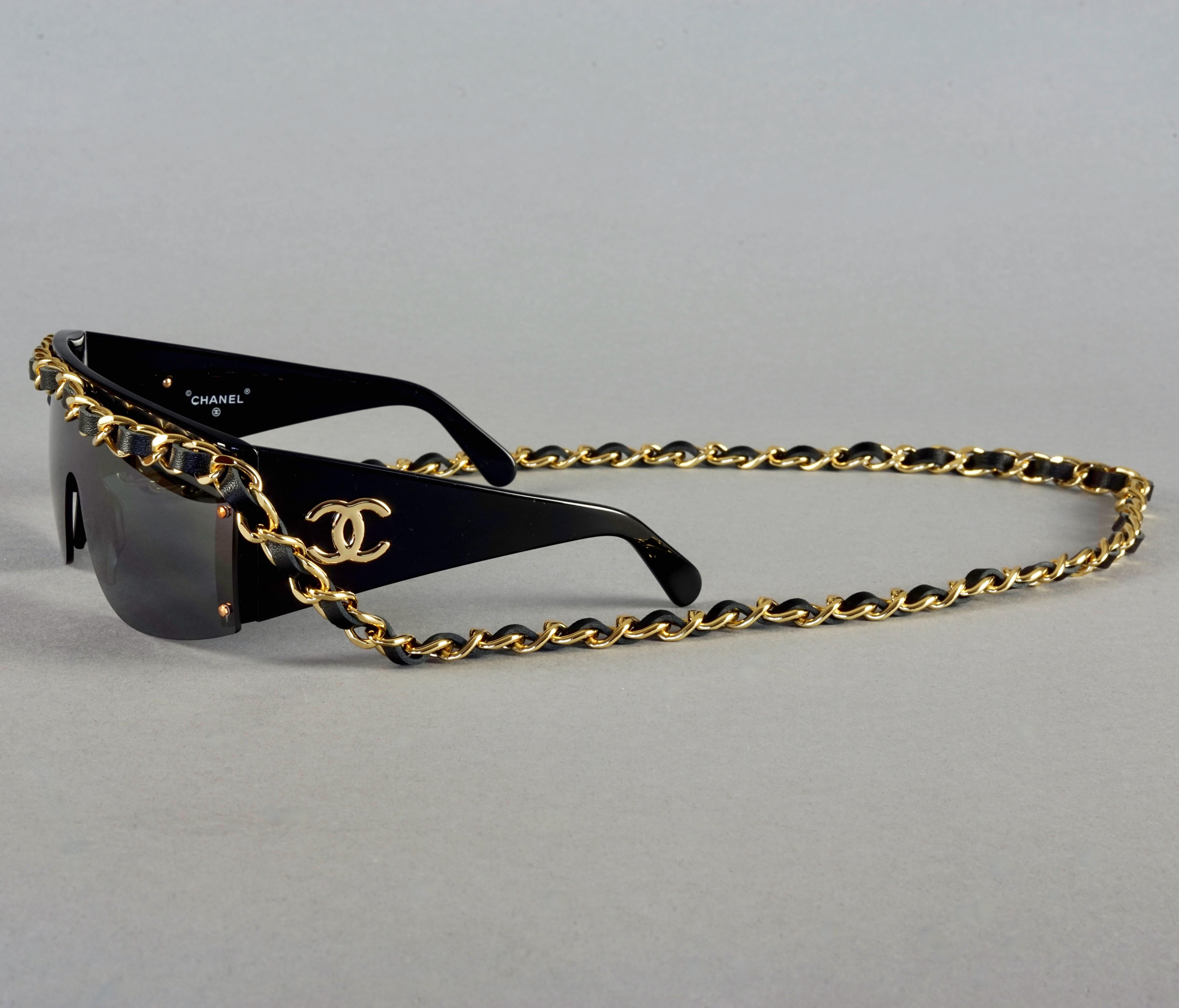 Vintage 1992 CHANEL Iconic Logo Leather Chain Drop Sunglasses  For Sale 4