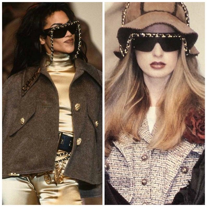 Vintage 1992 CHANEL Iconic Logo Leather Chain Drop Sunglasses 1