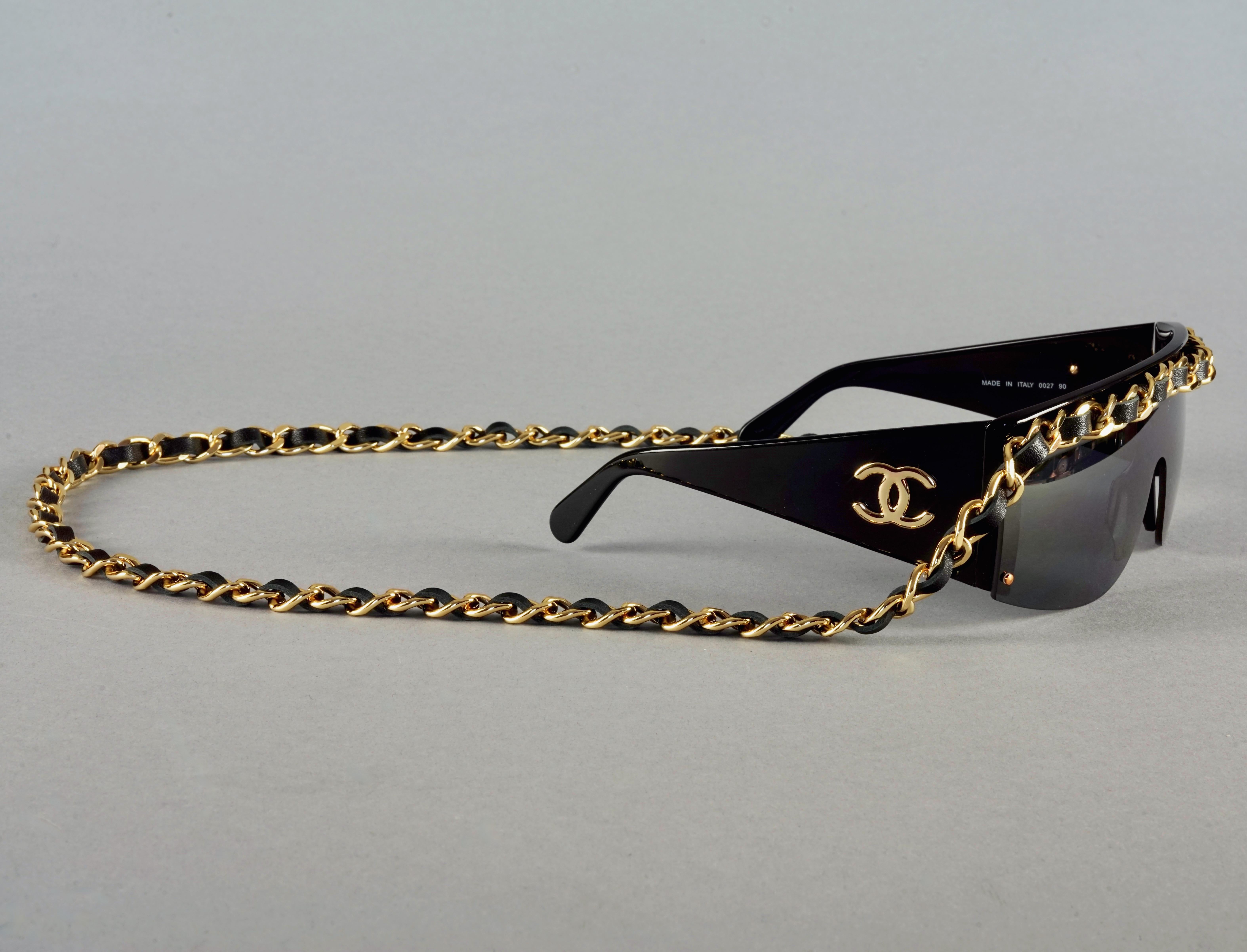 Vintage 1992 CHANEL Iconic Logo Leather Chain Drop Sunglasses  For Sale 5