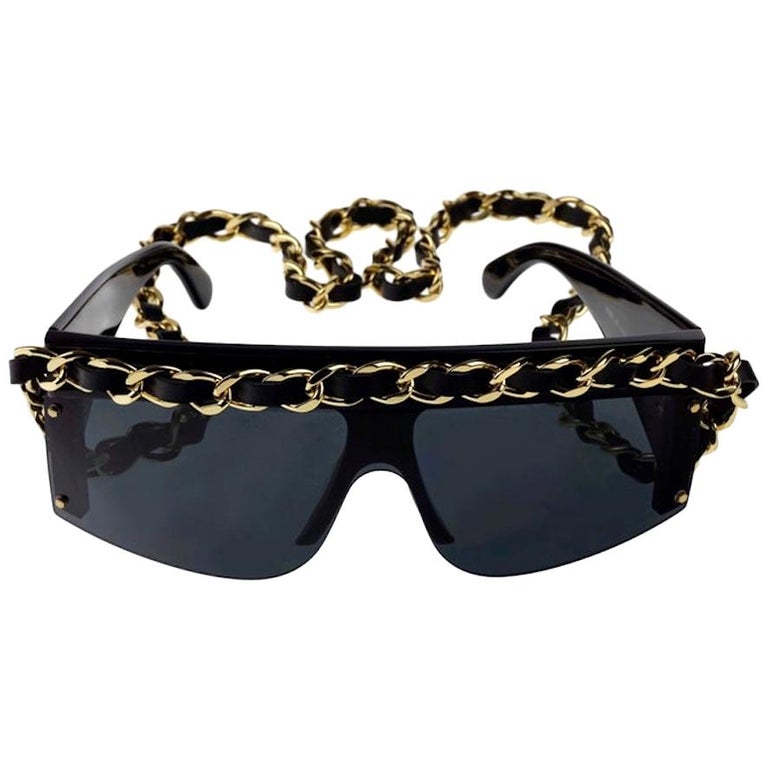 Vintage 1992 CHANEL Iconic Logo Leather Chain Drop Sunglasses at