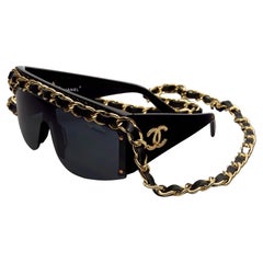 Retro 1992 CHANEL Iconic Logo Leather Chain Drop Sunglasses 