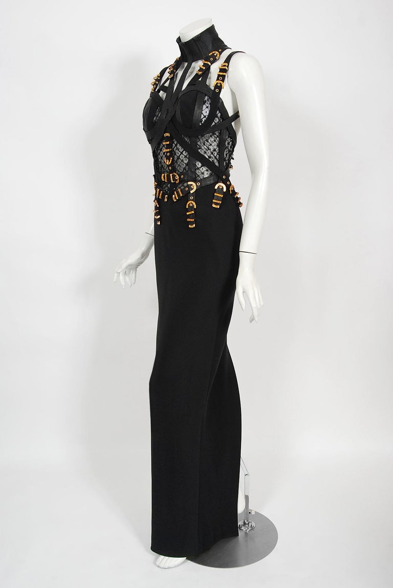Vintage 1992 Gianni Versace Couture Documented Black Bondage Silk Leather Gown  For Sale 8