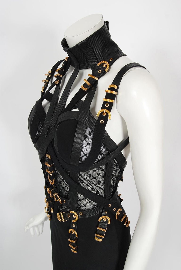 Vintage 1992 Gianni Versace Couture Documented Black Bondage Silk Leather Gown  For Sale 9