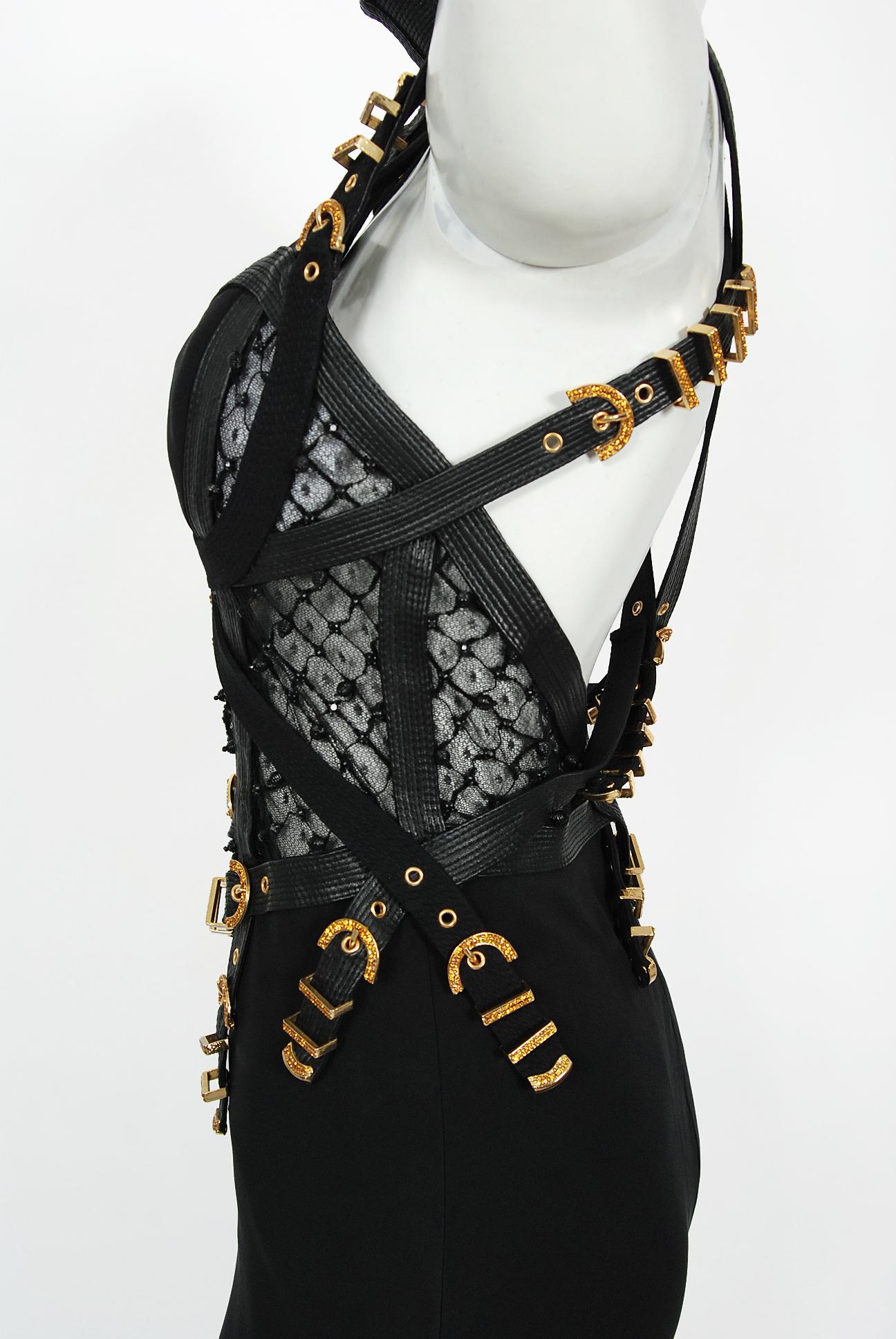 Iconic 1992 Gianni Versace Couture Documented Black Bondage Silk Leather Gown  For Sale 9
