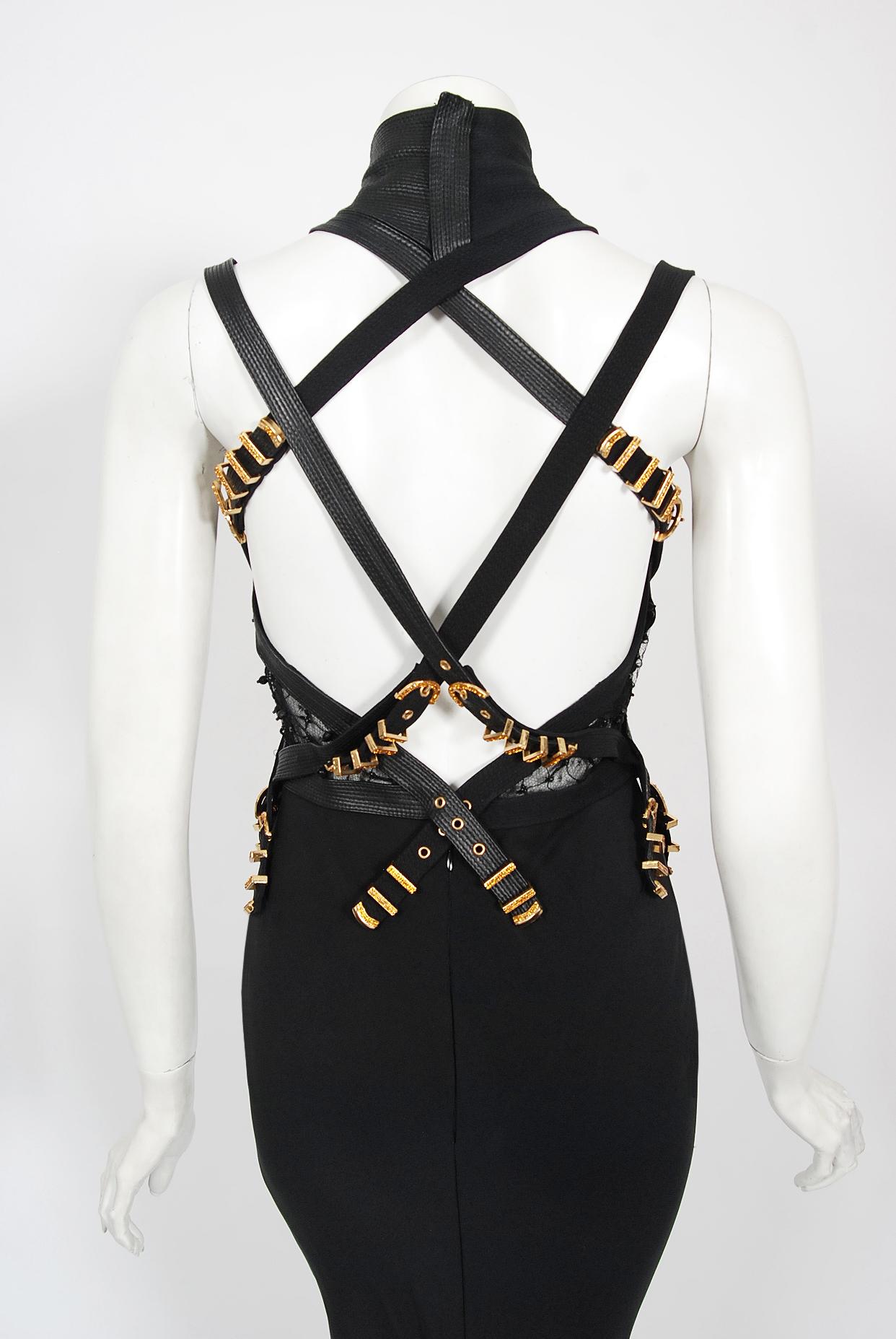 Iconic 1992 Gianni Versace Couture Documented Black Bondage Silk Leather Gown  For Sale 11