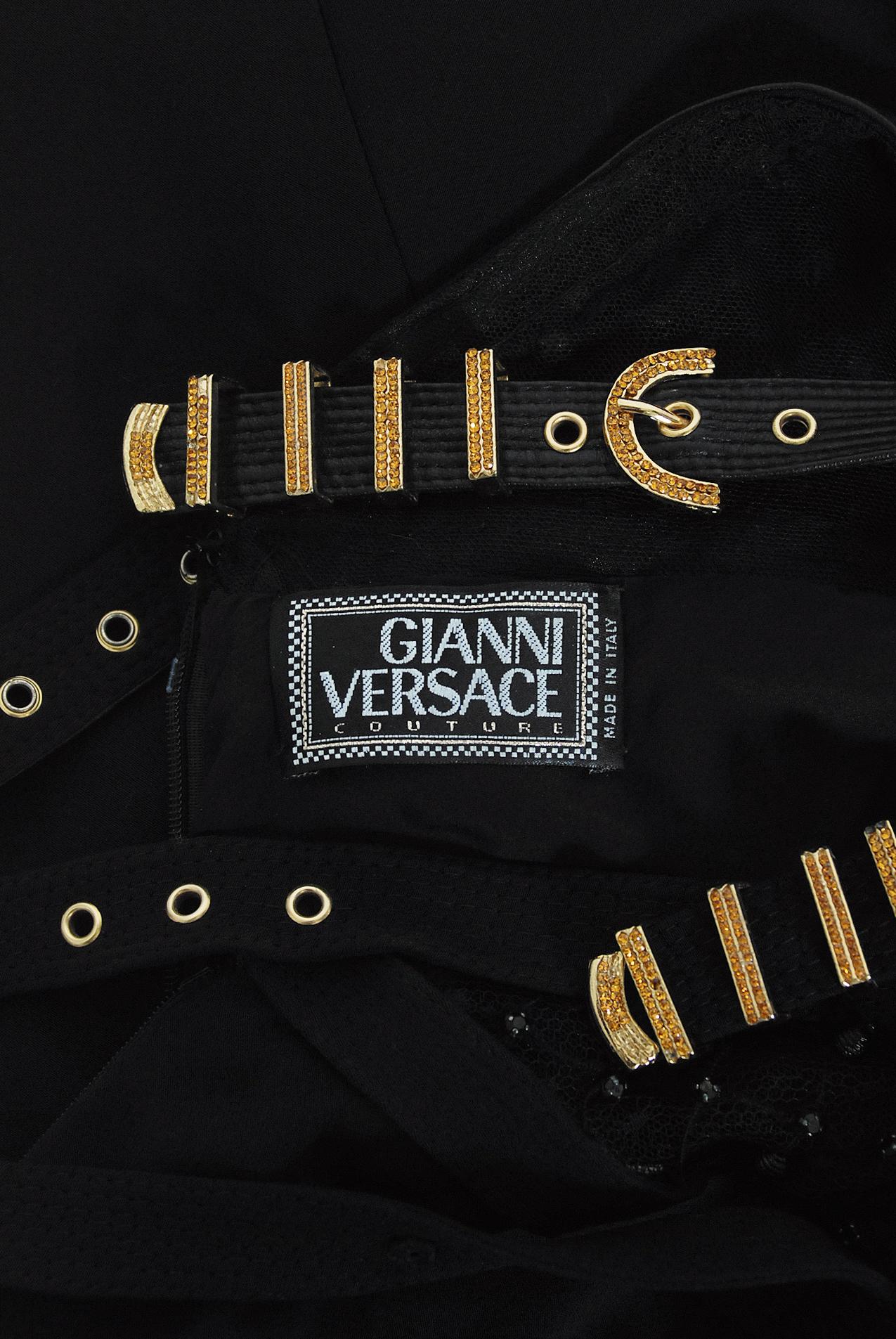 Iconic 1992 Gianni Versace Couture Documented Black Bondage Silk Leather Gown  For Sale 13