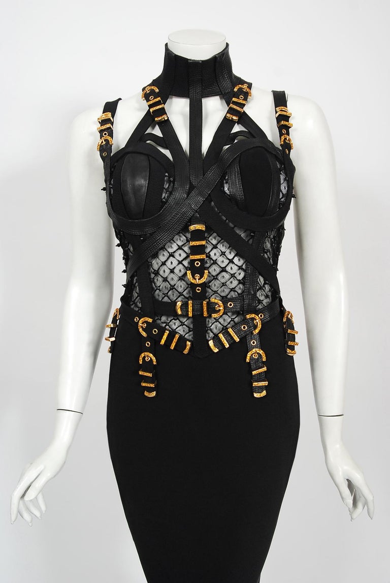 Vintage 1992 Gianni Versace Couture Documented Black Bondage Silk Leather Gown  In Good Condition For Sale In Beverly Hills, CA