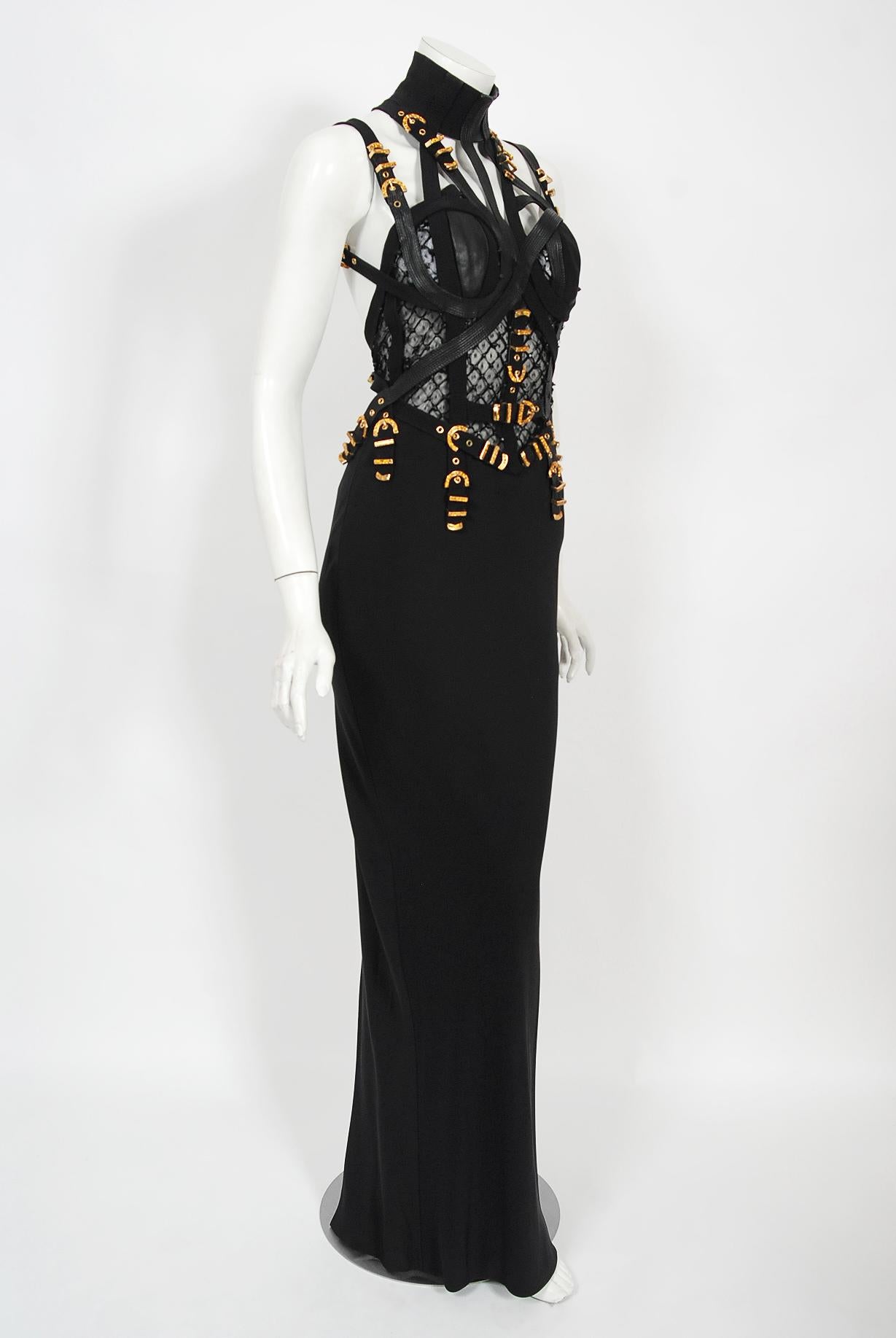Iconic 1992 Gianni Versace Couture Documented Black Bondage Silk Leather Gown  For Sale 2