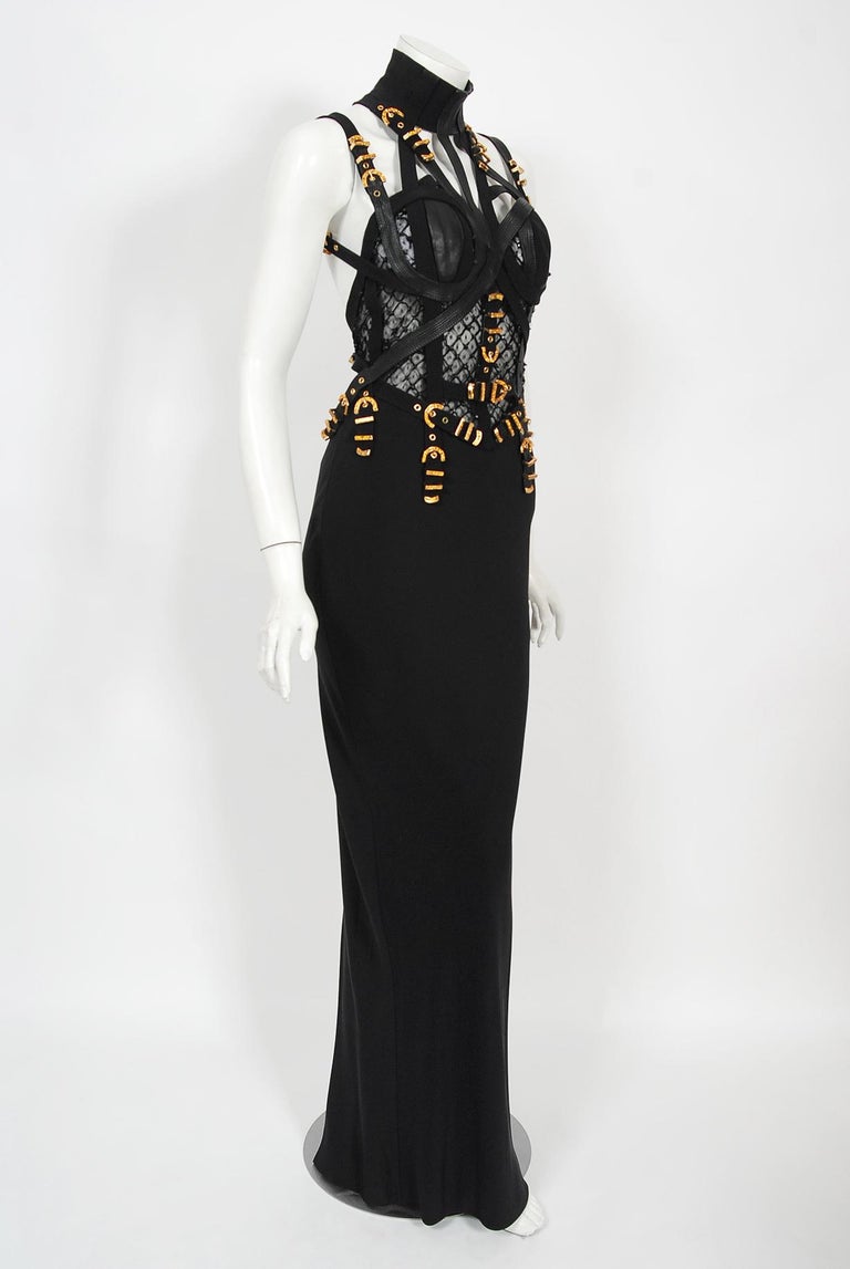 Vintage 1992 Gianni Versace Couture Documented Black Bondage Silk Leather Gown  For Sale 5