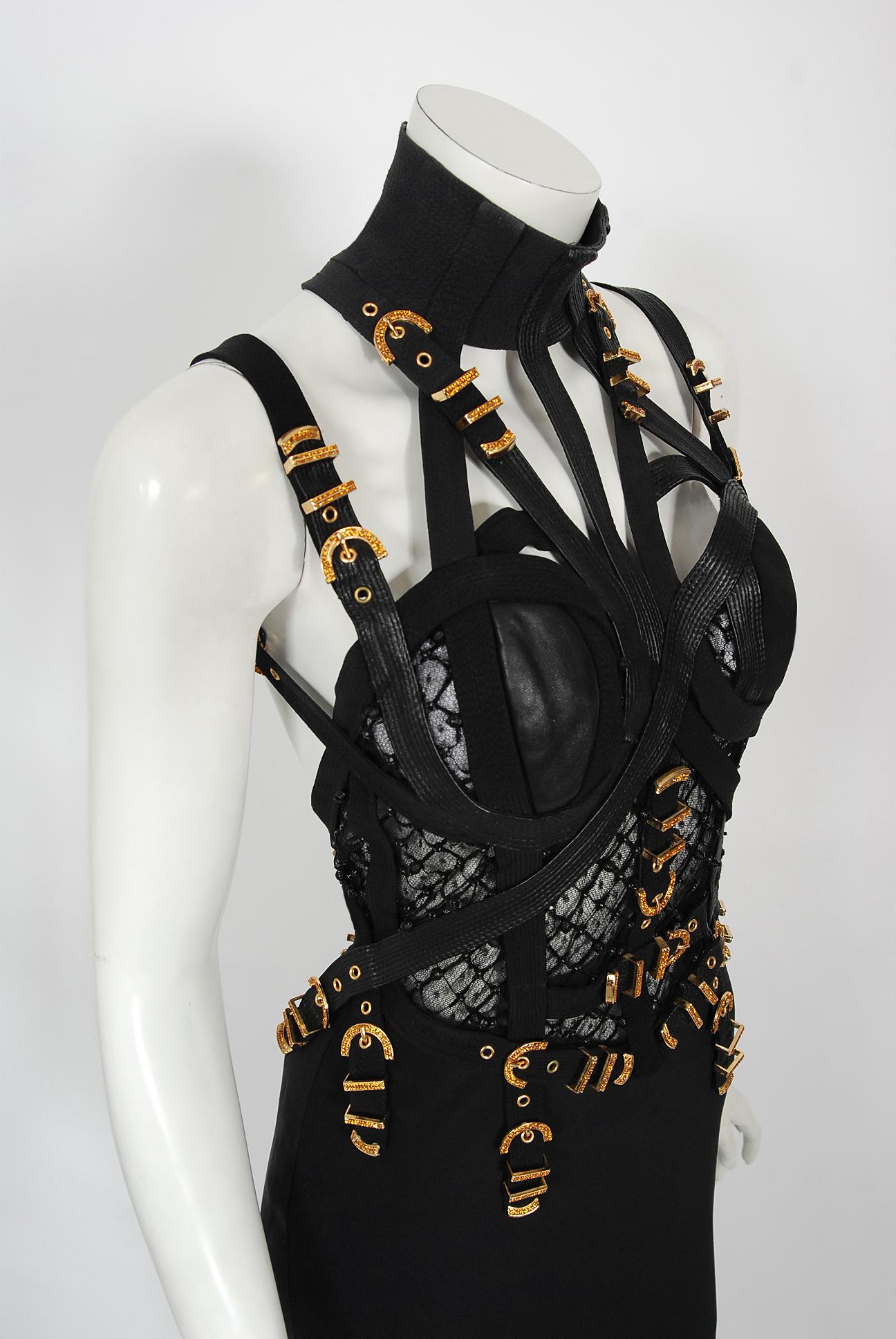 Iconic 1992 Gianni Versace Couture Documented Black Bondage Silk Leather Gown  For Sale 3
