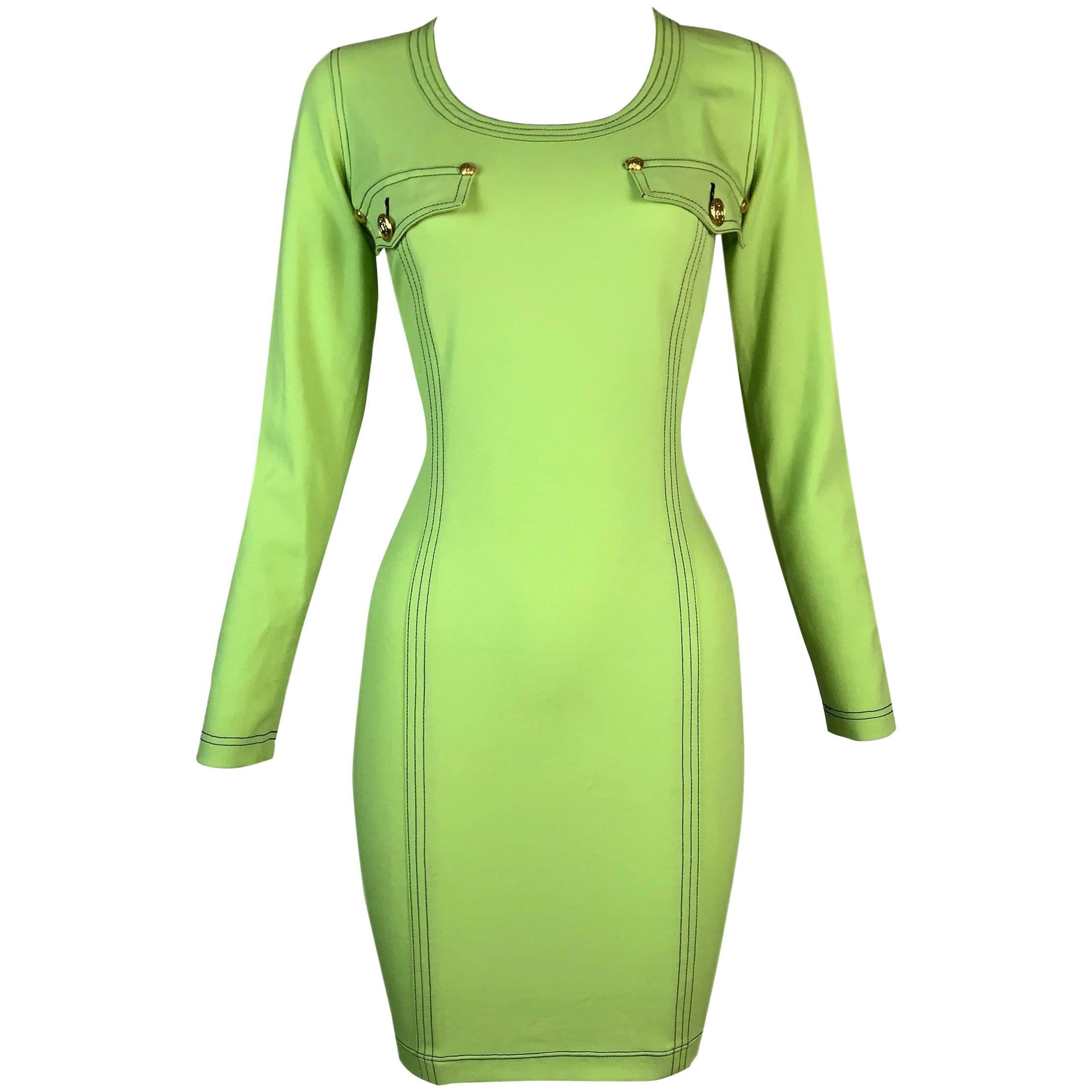 Vintage 1992 Gianni Versace Neon Green L/S Bodycon Mini Dress at ...