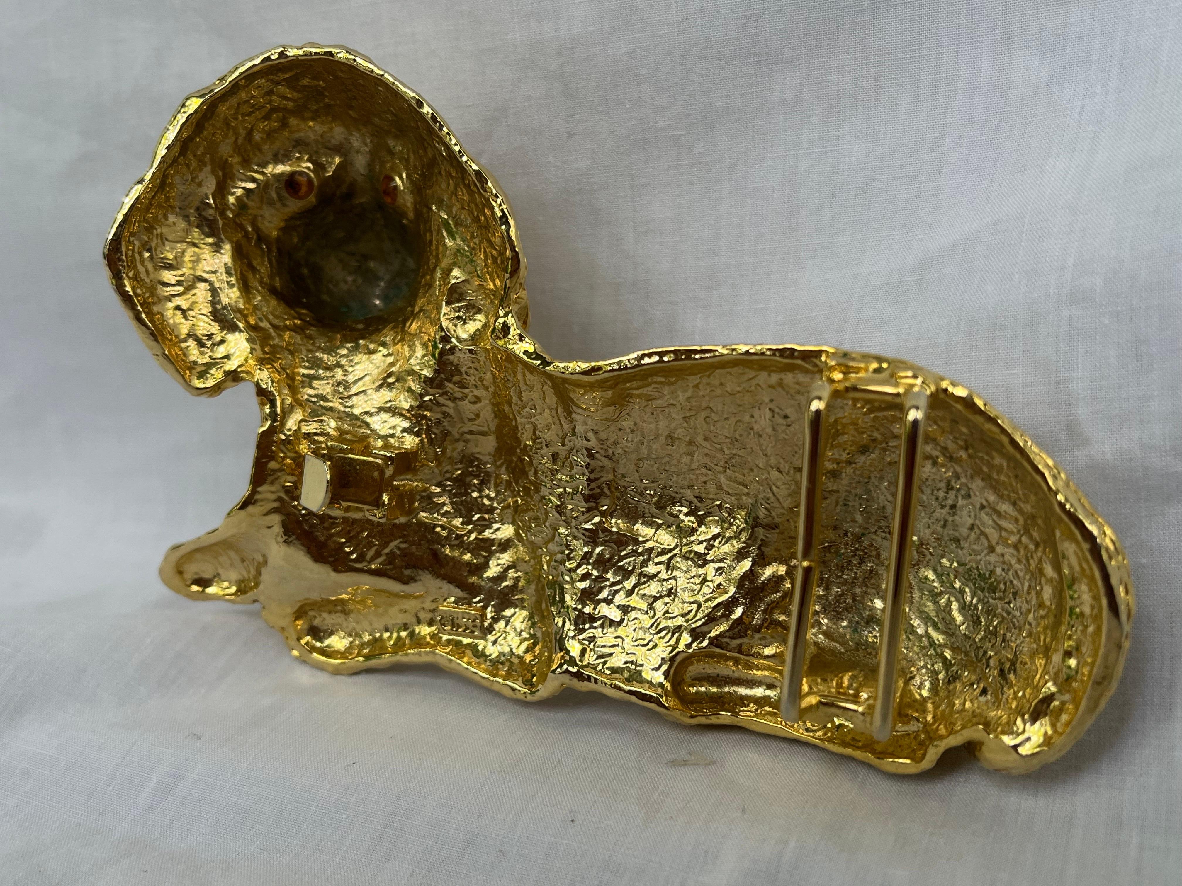 Vintage 1992 Mimi Di Niscemi Signed Golden Dachshund Belt Buckle with Brown Eyes 2