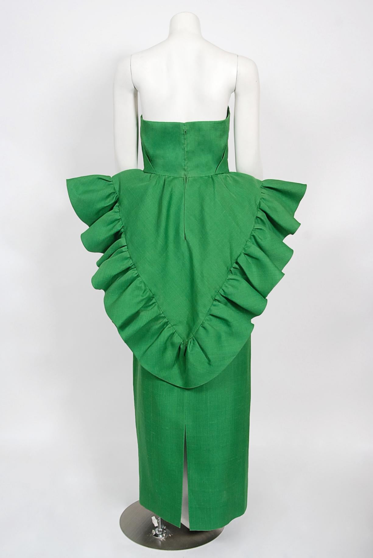 Vintage 1987 Pierre Cardin Haute Couture Green Silk-Linen Sculptural Ruffle Gown 6