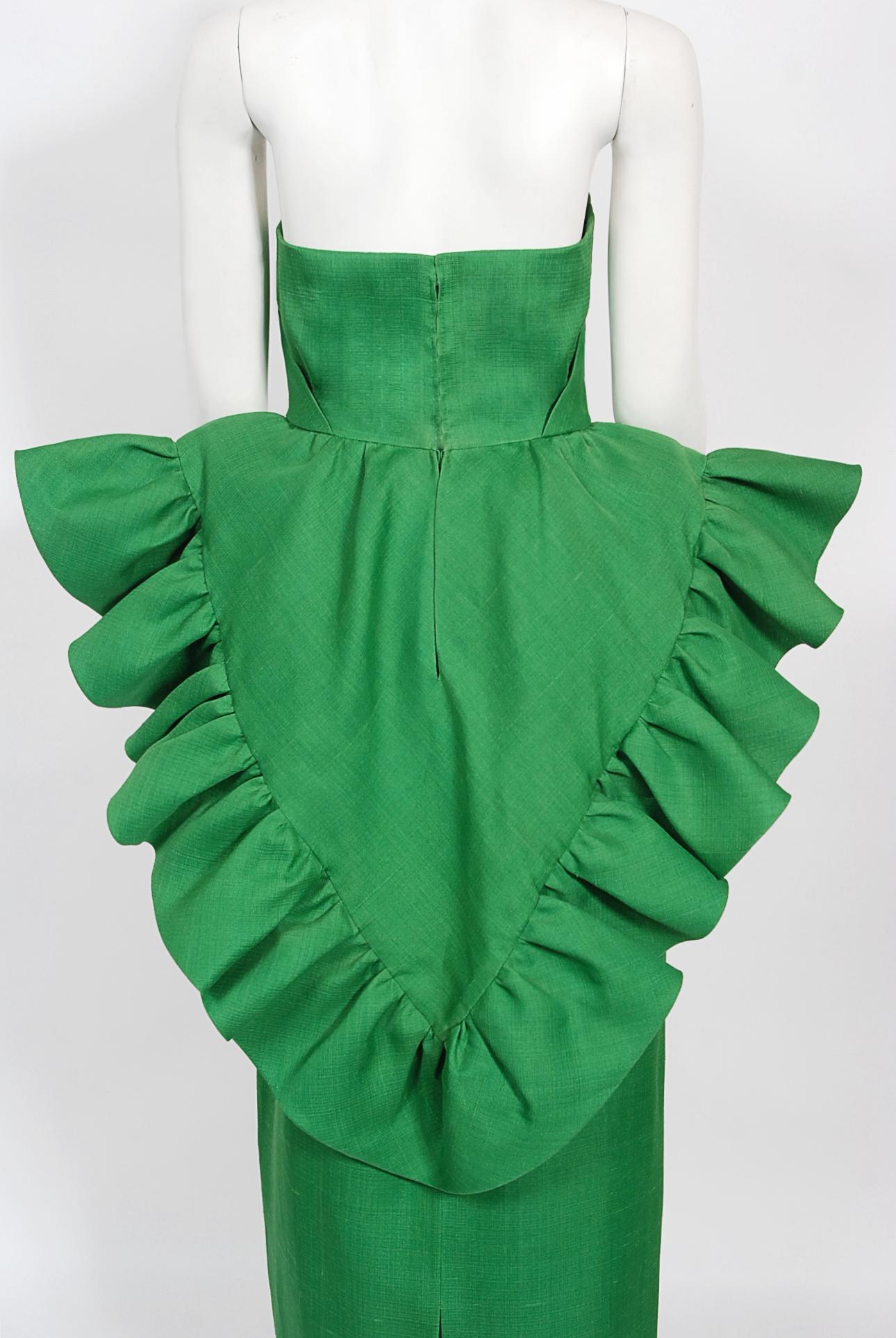 Vintage 1987 Pierre Cardin Haute Couture Green Silk-Linen Sculptural Ruffle Gown 7