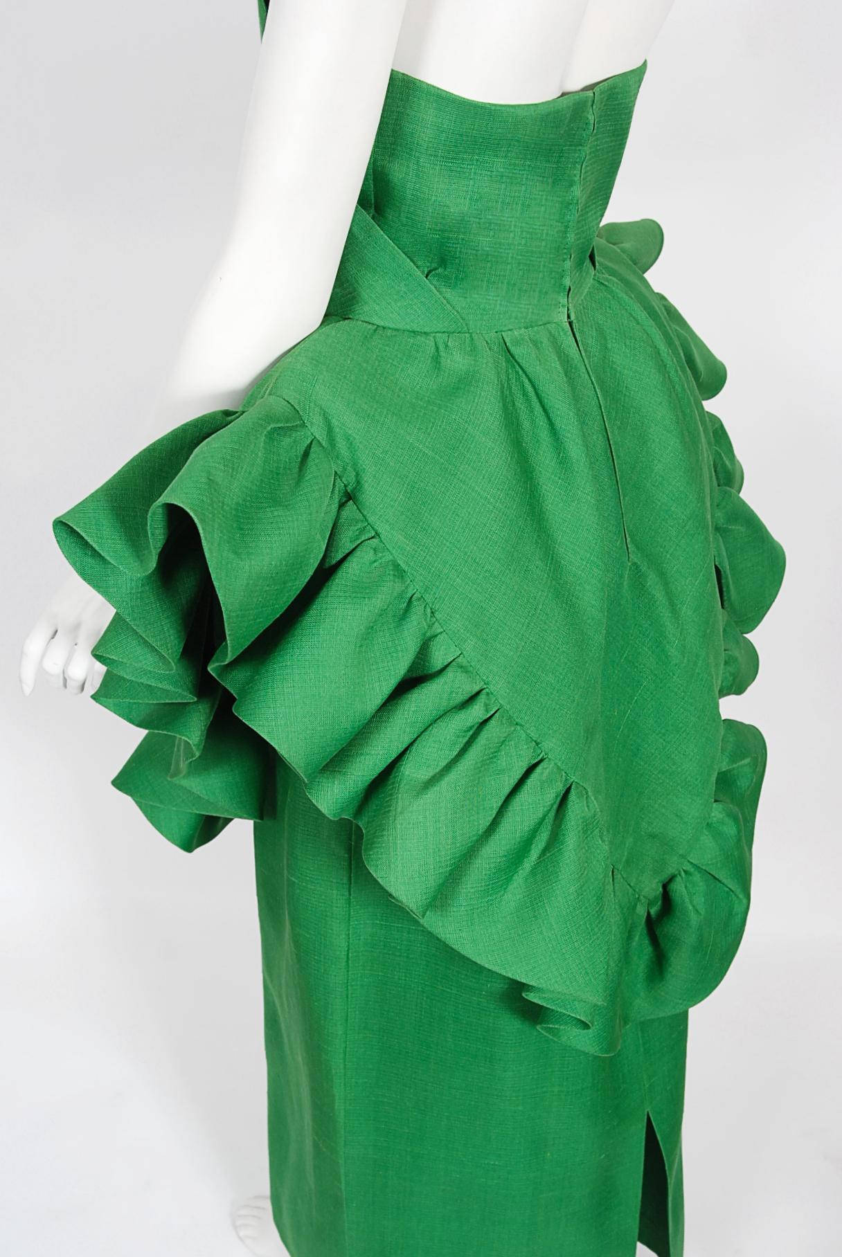 Vintage 1987 Pierre Cardin Haute Couture Green Silk-Linen Sculptural Ruffle Gown 8