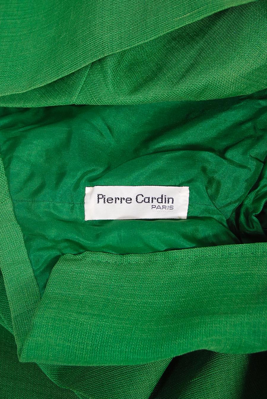 Vintage 1987 Pierre Cardin Haute Couture Green Silk-Linen Sculptural Ruffle Gown 9