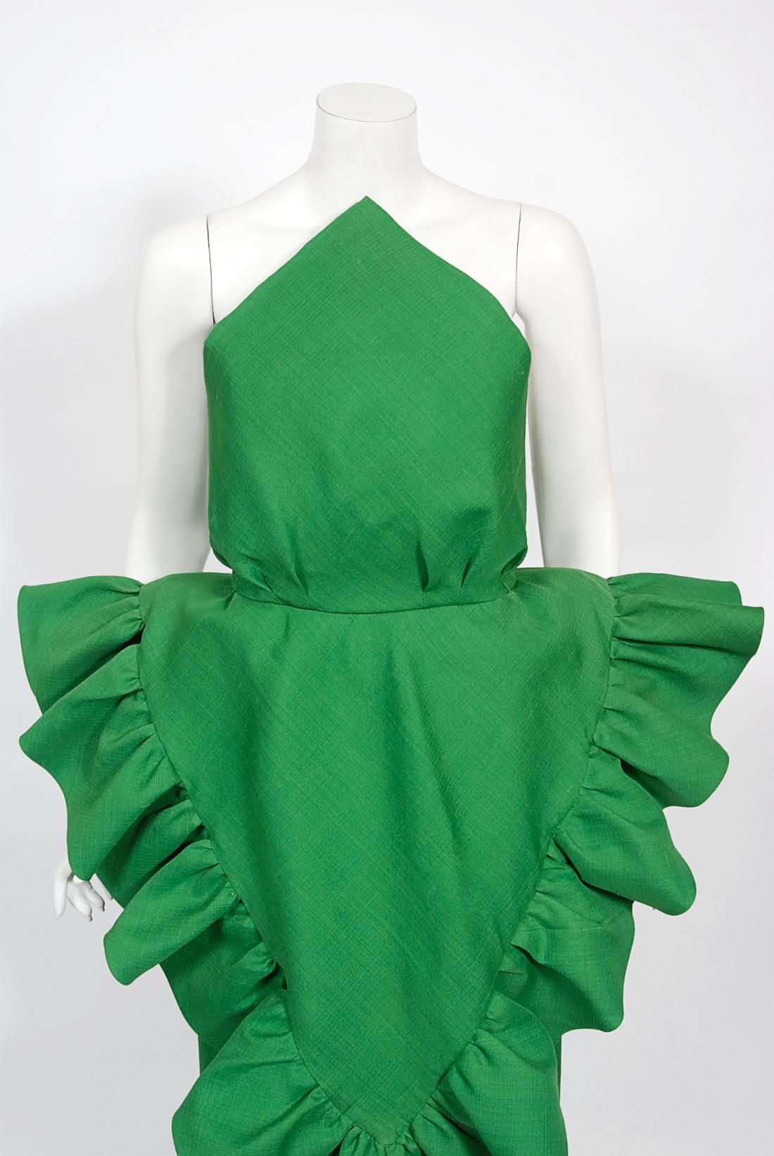 An absolutely spectacular, museum quality Pierre Cardin haute couture emerald green 'leaf' strapless bustier gown dating back to his spring-summer 1987 collection. In 1951 Cardin opened his own couture house and by 1957, he started a ready-to-wear