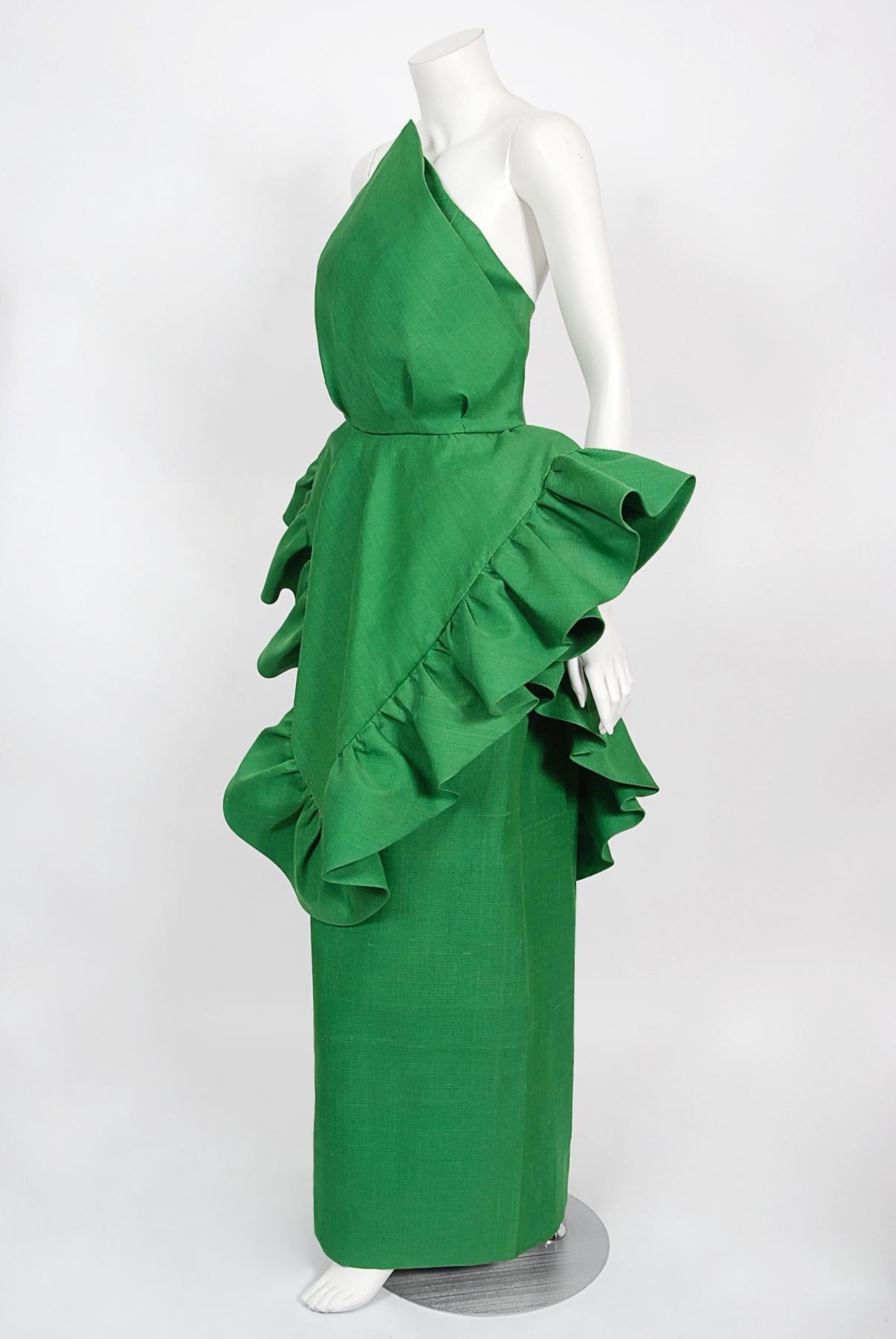 Women's Vintage 1987 Pierre Cardin Haute Couture Green Silk-Linen Sculptural Ruffle Gown