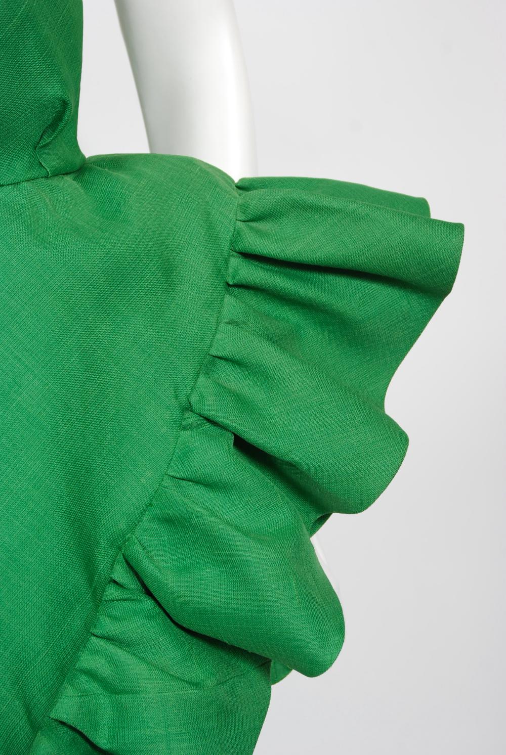Vintage 1987 Pierre Cardin Haute Couture Green Silk-Linen Sculptural Ruffle Gown 2