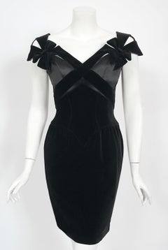 Vintage 1992 Thierry Mugler Couture Black Velvet & Silk Bow Cut-Outs Mini Dress