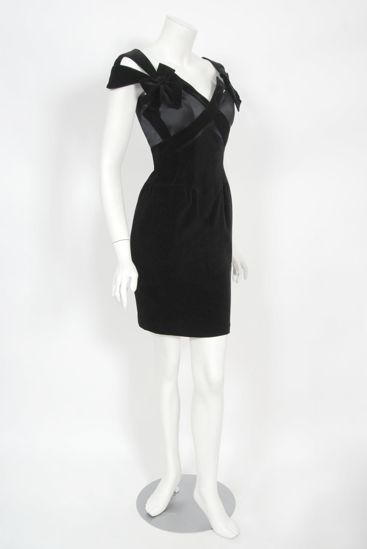 Vintage 1992 Thierry Mugler Couture Black Velvet & Silk Bow Cut-Outs Mini Dress  2