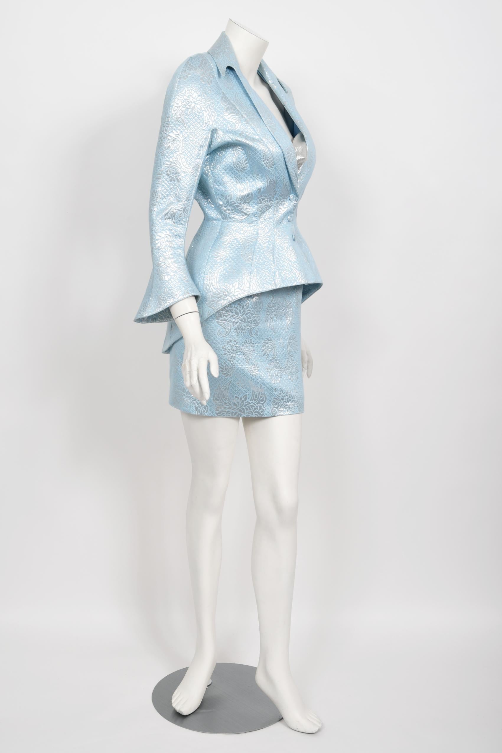 Iconic 1992 Thierry Mugler Couture Metallic Silver Blue Bustier Mini Skirt Suit For Sale 8