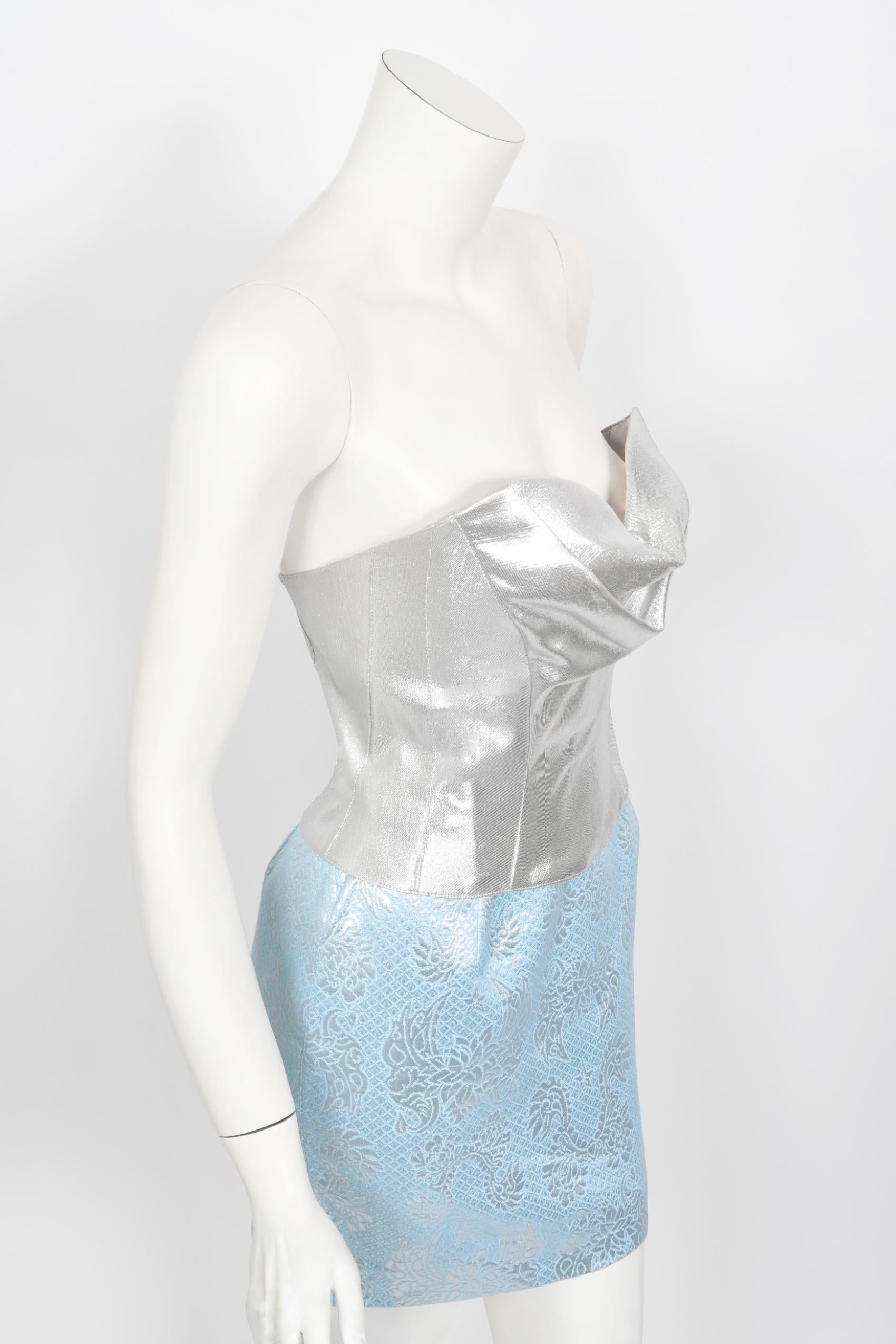 Iconic 1992 Thierry Mugler Couture Metallic Silver Blue Bustier Mini Skirt Suit For Sale 9