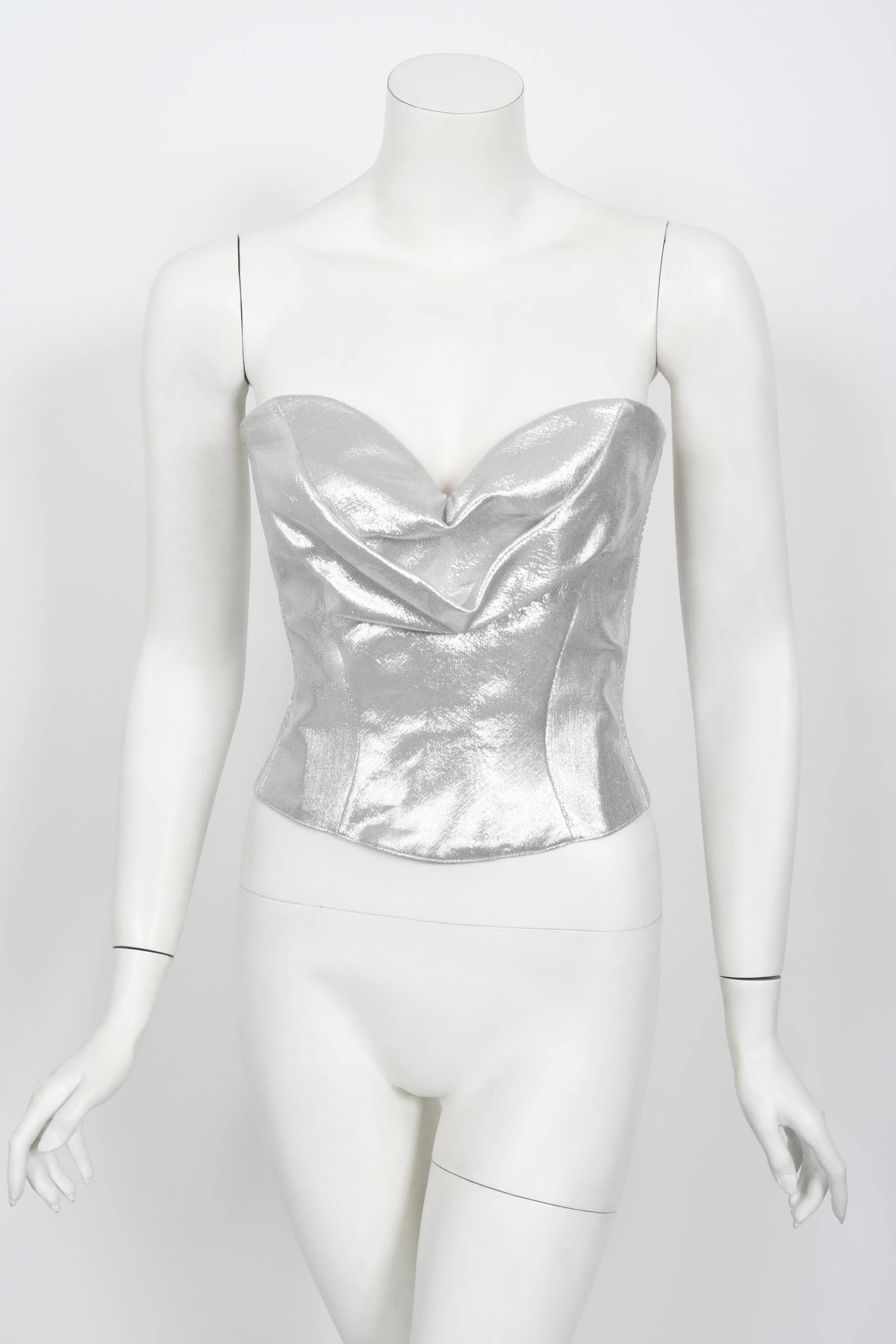 Iconic 1992 Thierry Mugler Couture Metallic Silver Blue Bustier Mini Skirt Suit For Sale 10