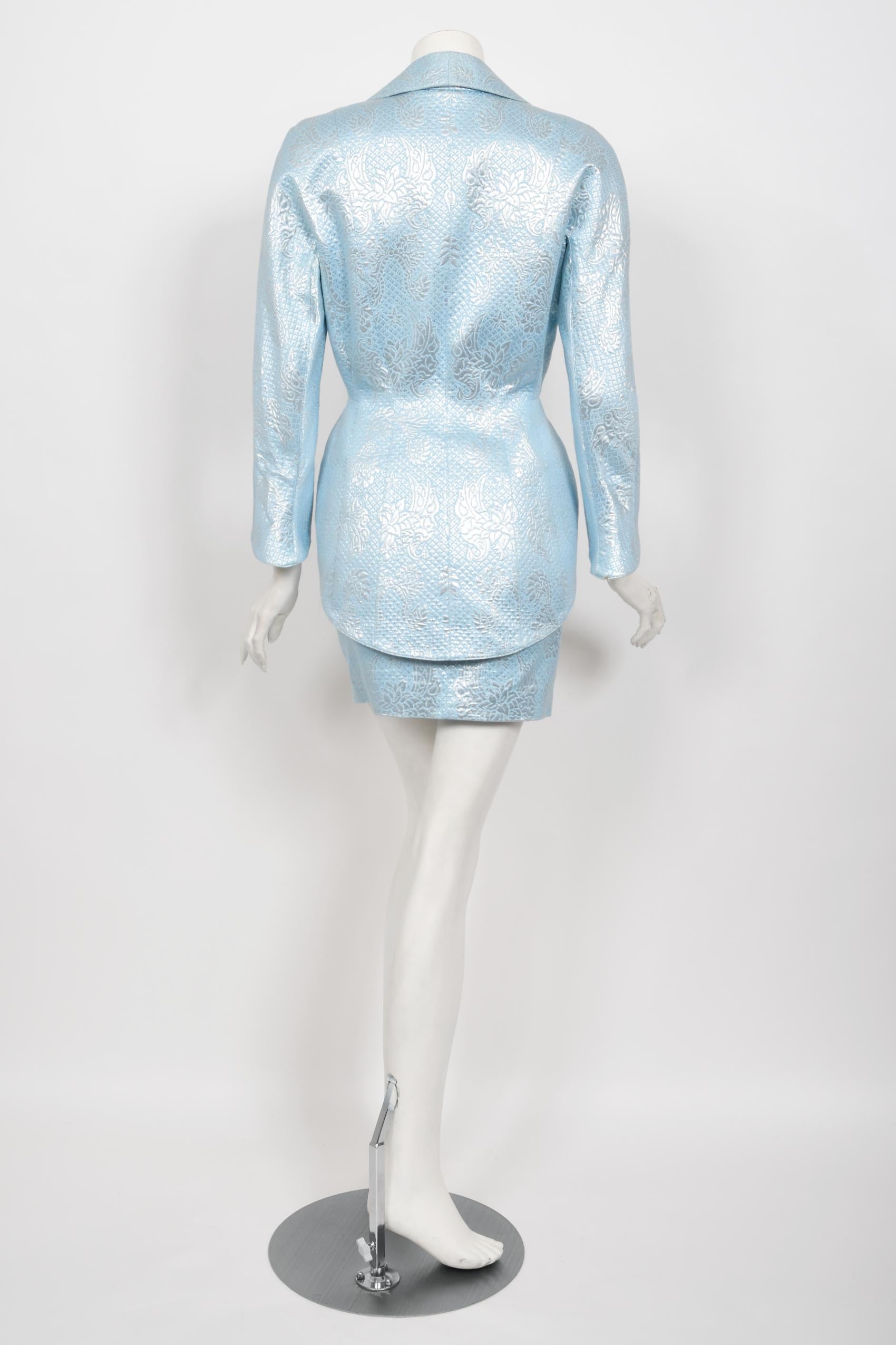 Iconic 1992 Thierry Mugler Couture Metallic Silver Blue Bustier Mini Skirt Suit For Sale 11