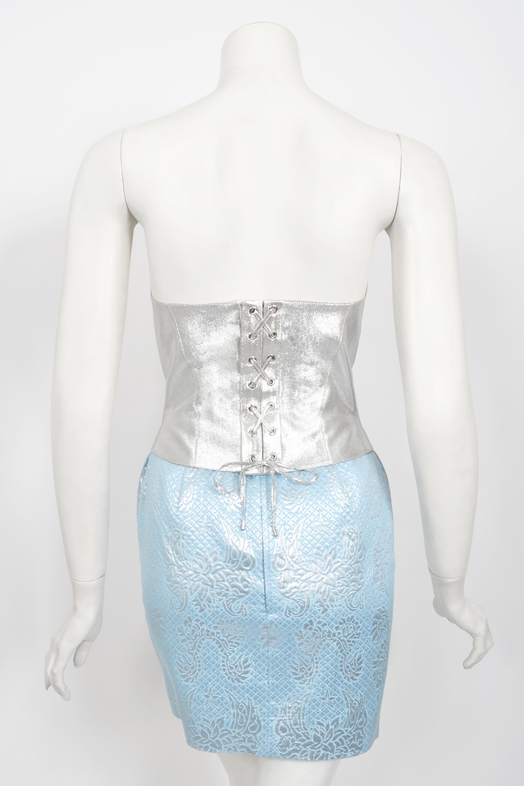 Iconic 1992 Thierry Mugler Couture Metallic Silver Blue Bustier Mini Skirt Suit For Sale 14