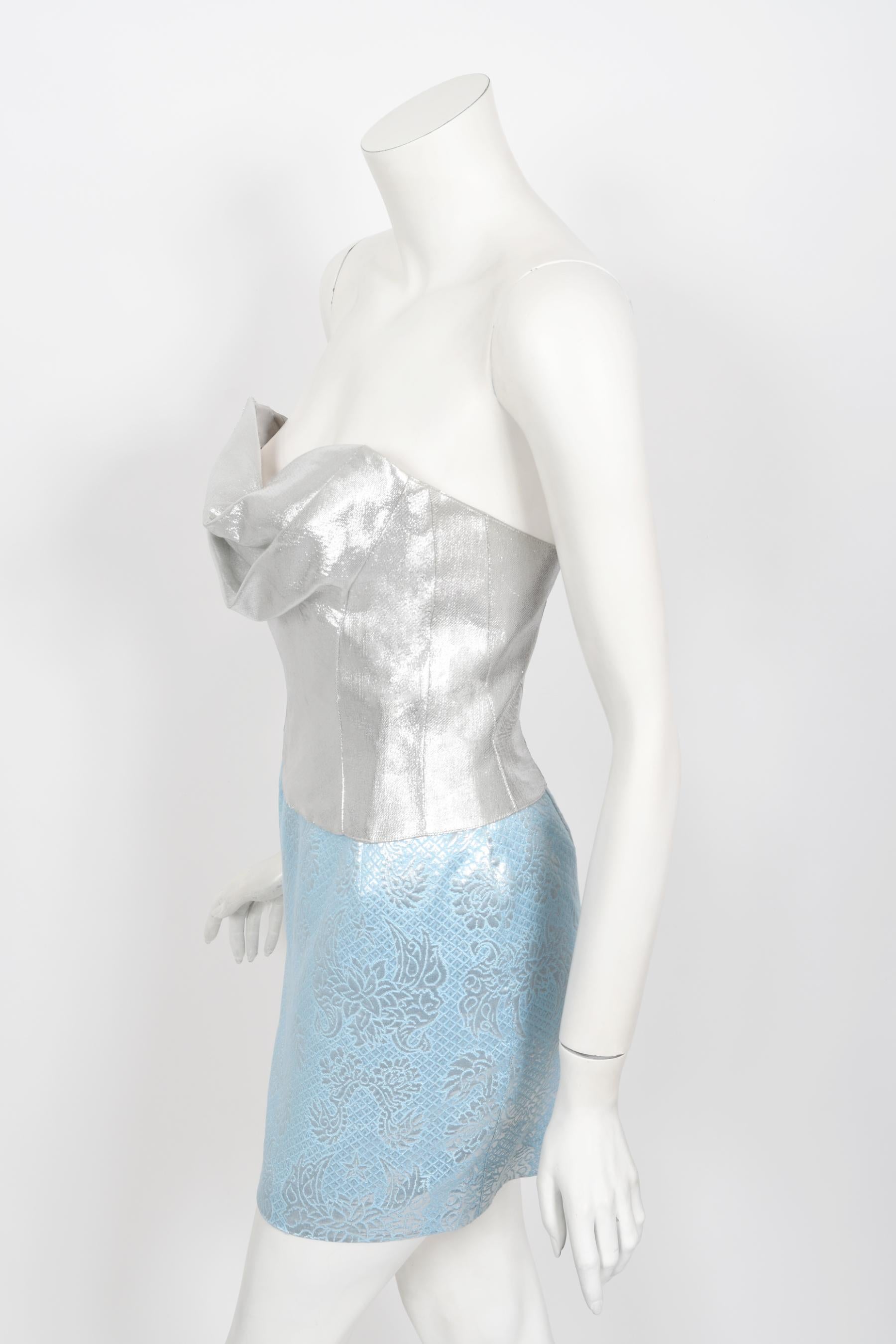Iconic 1992 Thierry Mugler Couture Metallic Silver Blue Bustier Mini Skirt Suit In Good Condition In Beverly Hills, CA