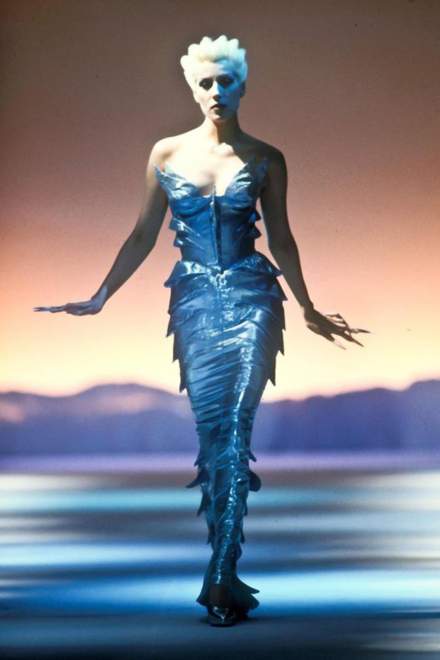 Iconic 1992 Thierry Mugler Couture Metallic Silver Blue Bustier Mini 