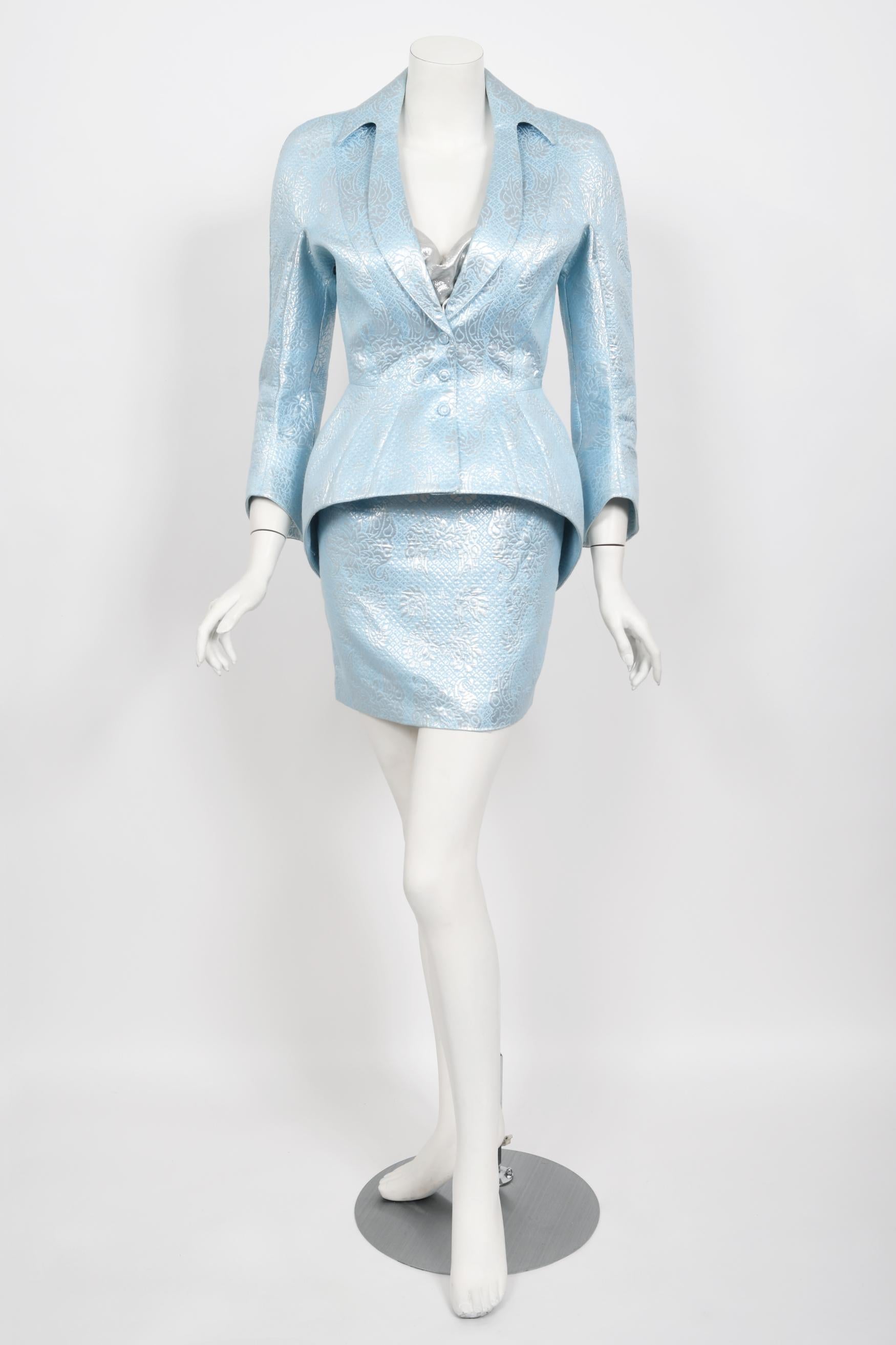 Iconic 1992 Thierry Mugler Couture Metallic Silver Blue Bustier Mini Skirt Suit 1
