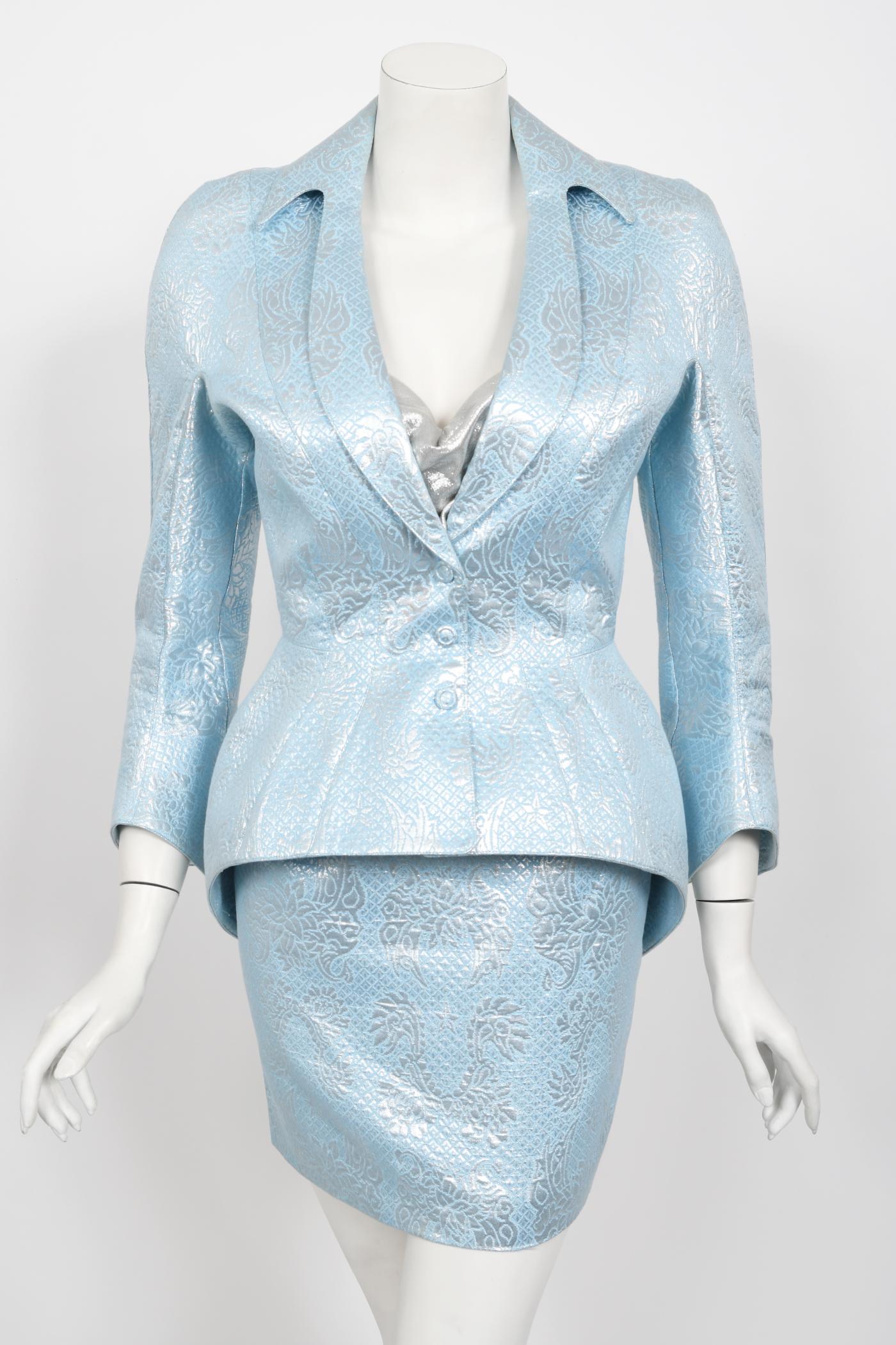 Iconic 1992 Thierry Mugler Couture Metallic Silver Blue Bustier Mini Skirt Suit For Sale 2
