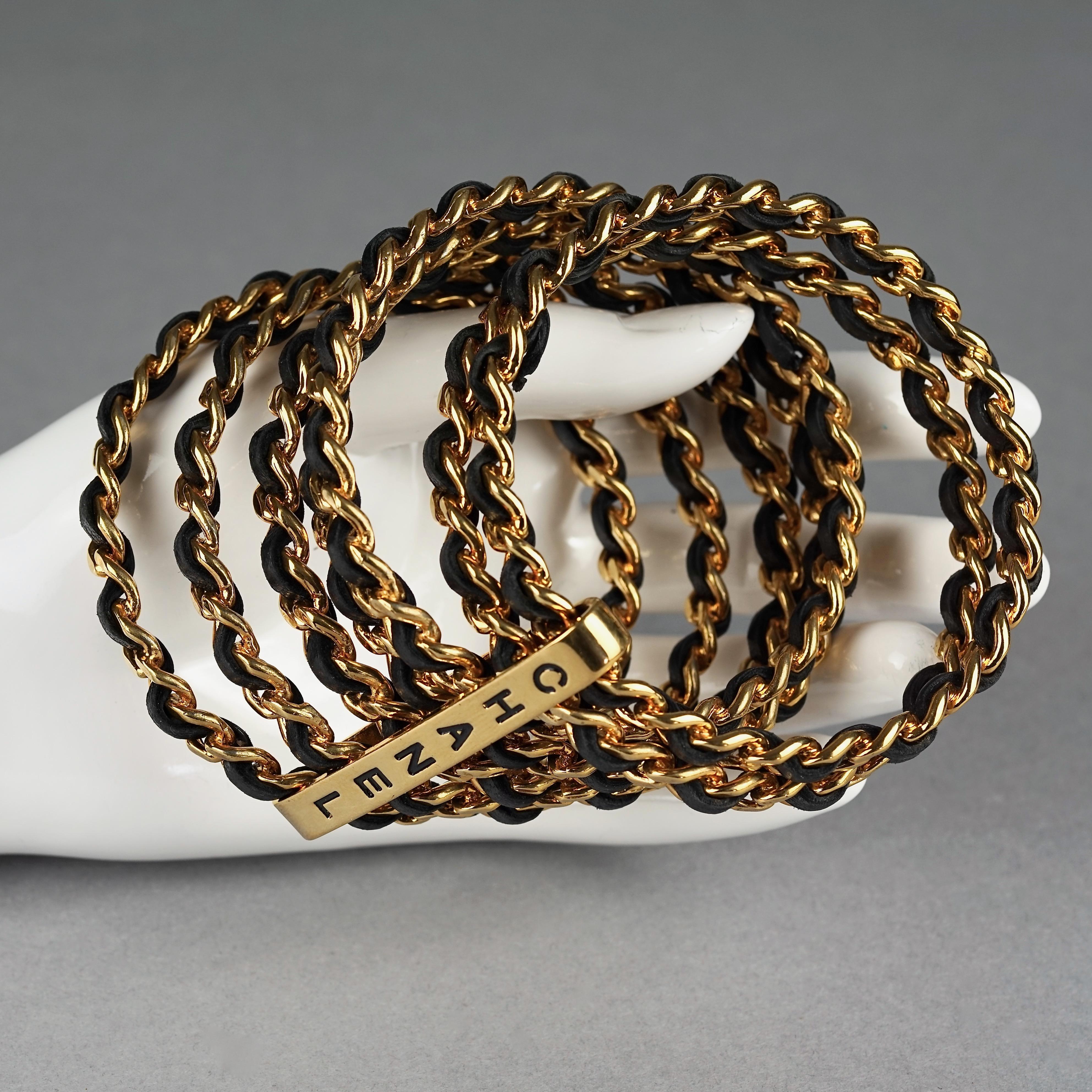 Vintage 1993 CHANEL 7 Stacked Bangles Chain Leather Wide Cuff Bracelet 5