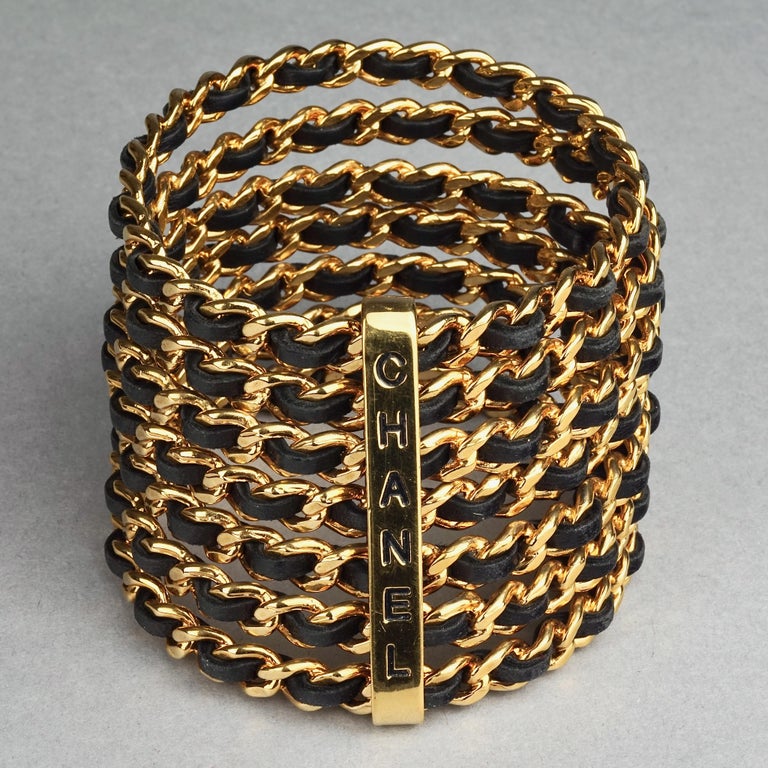 Vintage 1993 CHANEL 7 Stacked Bangles Chain Leather Wide Cuff Bracelet