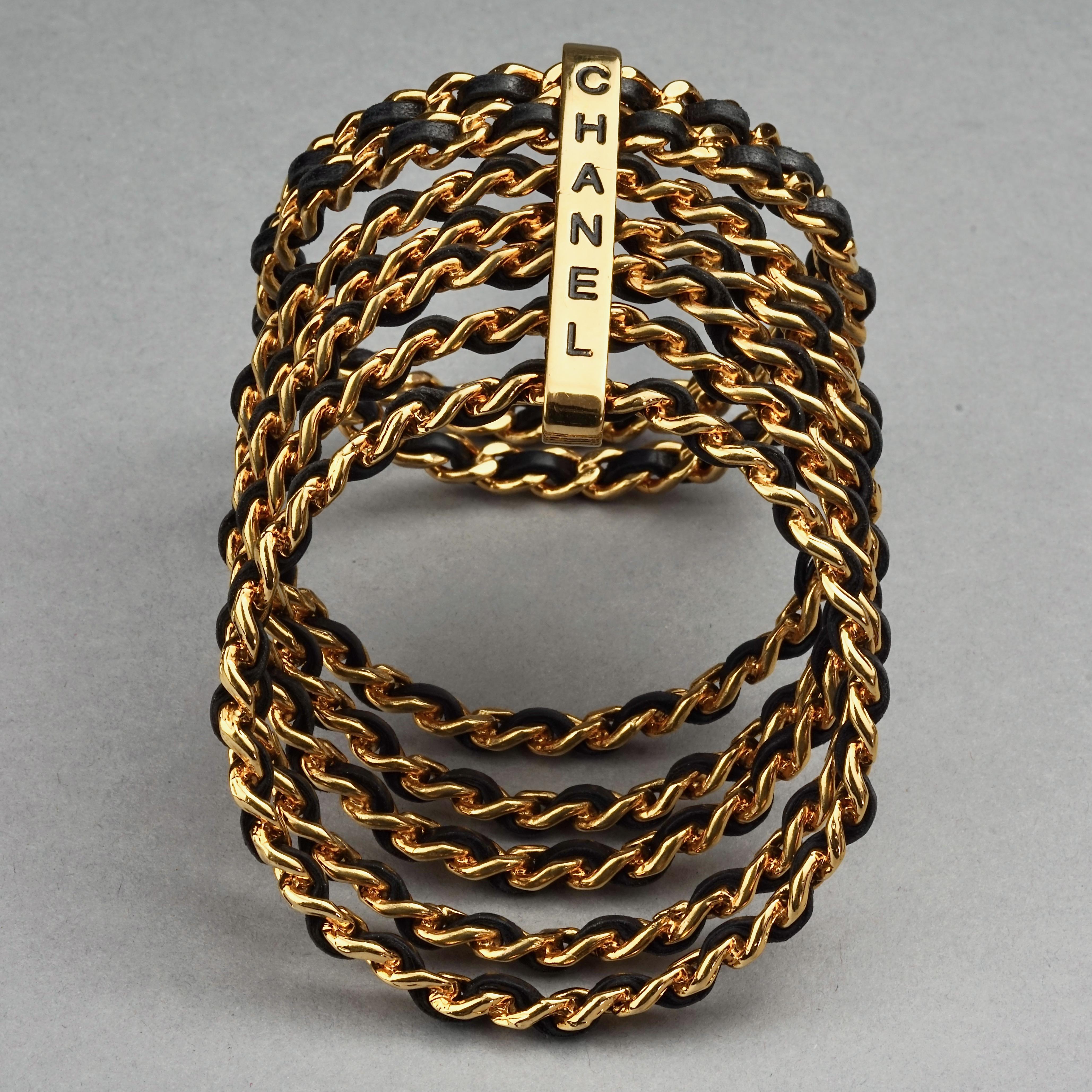 Vintage 1993 CHANEL 7 Stacked Bangles Chain Leather Wide Cuff Bracelet 2