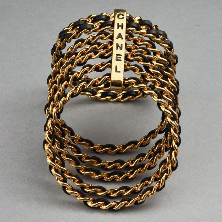 Vintage 1993 CHANEL 7 Stacked Bangles Chain Leather Wide Cuff Bracelet