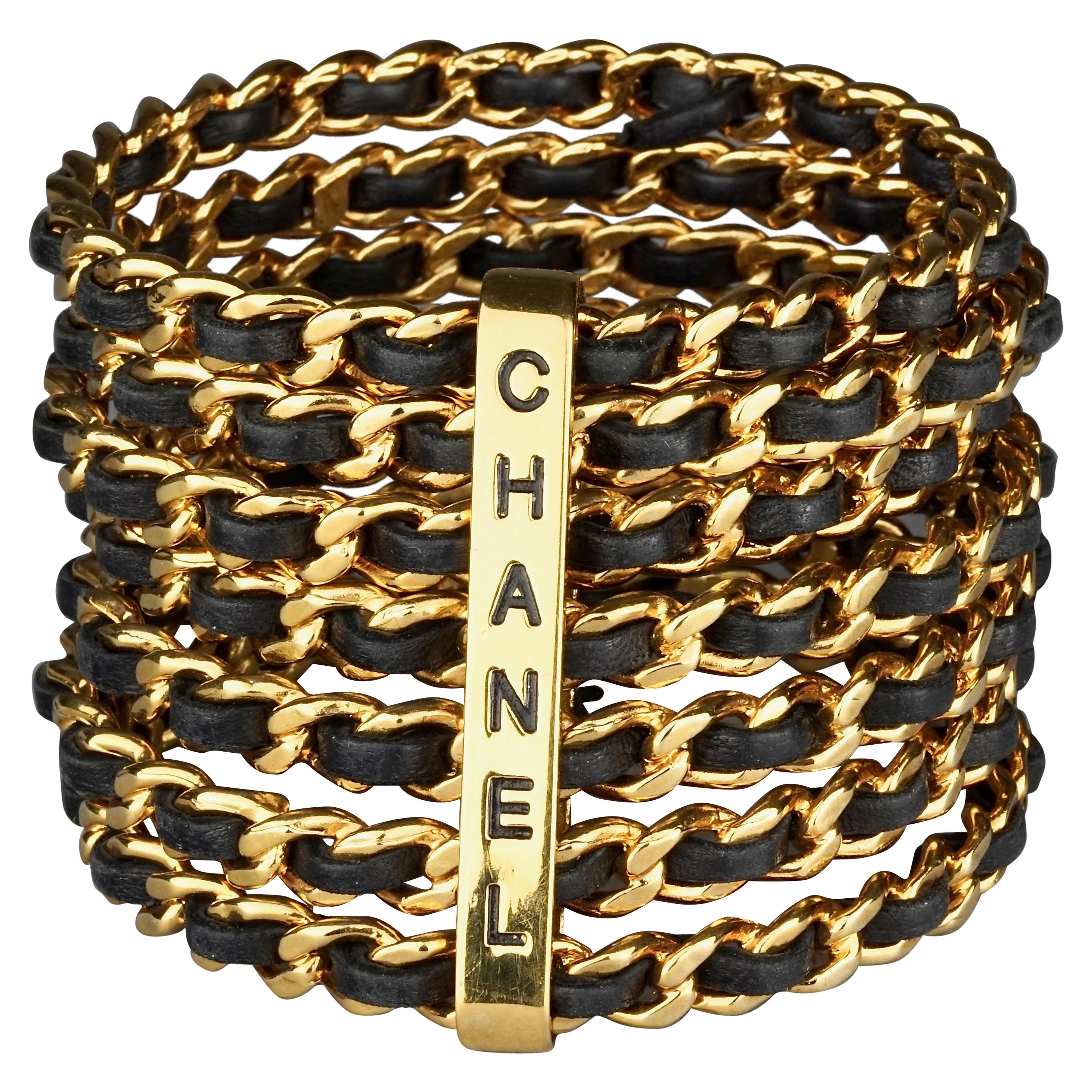 Vintage 1993 CHANEL 7 Stacked Bangles Chain Leather Wide Cuff Bracelet