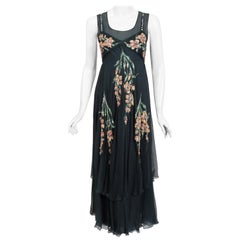 Vintage 1993 Chanel Documented Hand-Painted Sequin Floral Charcoal Chiffon Dress