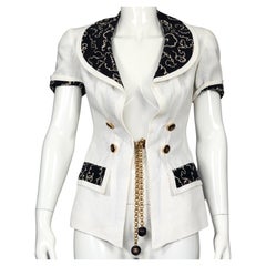 Vintage 1993 CHANEL White Linen Logo Silk Lining CC Chain Button Jacket