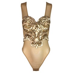 Vintage 1993 Gianfranco Ferre Sheer Gold Gladiator Armor Sequin Bodysuit Top