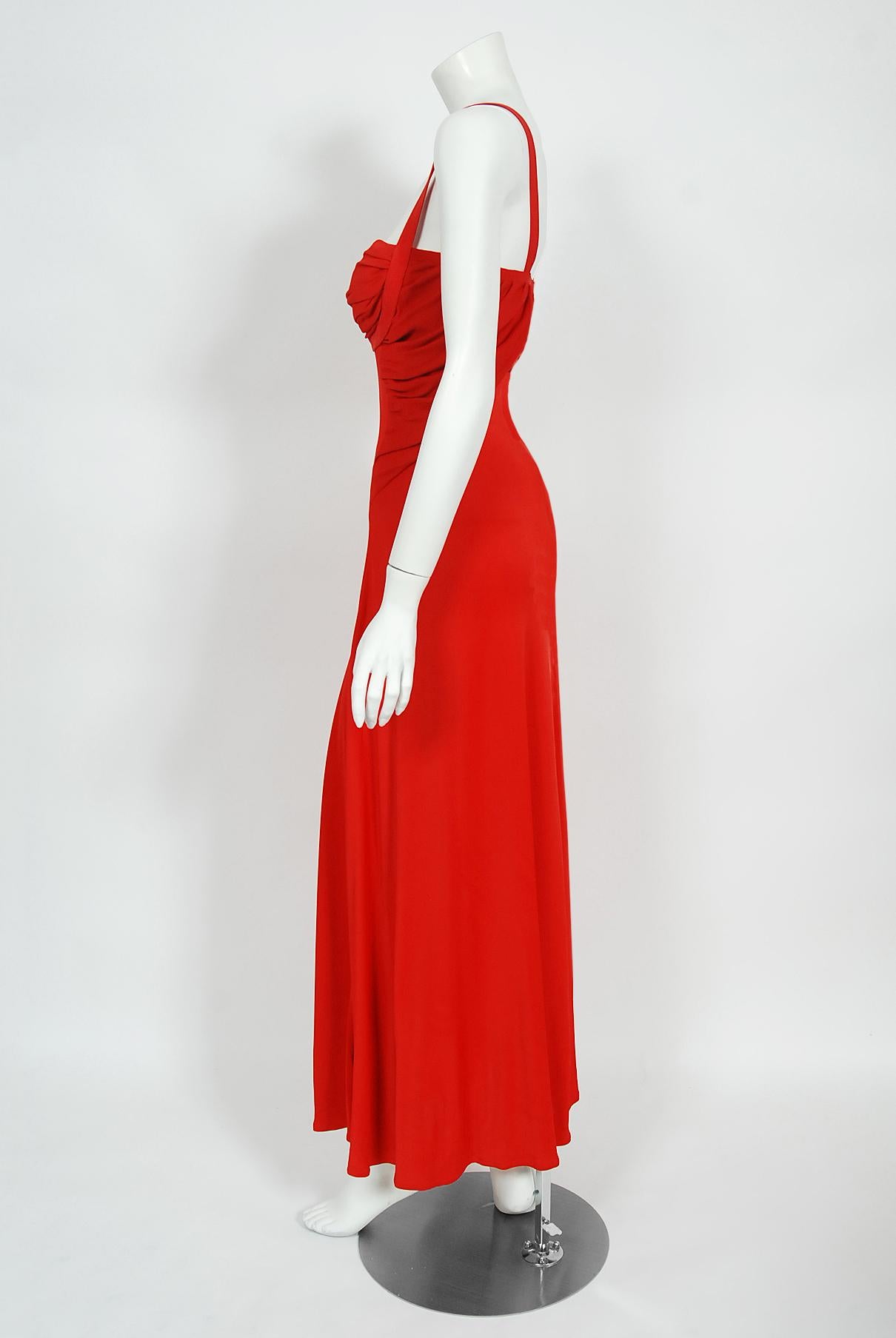 Vintage 1993 Gianni Versace Couture Documented Red Silk Bustier High-Slits Gown 8