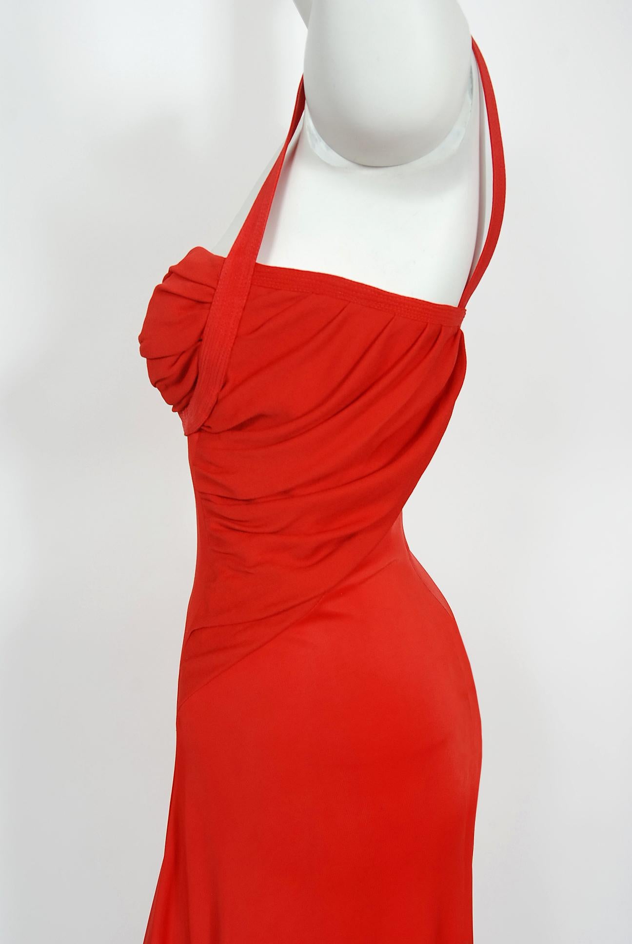 Vintage 1993 Gianni Versace Couture Documented Red Silk Bustier High-Slits Gown 9