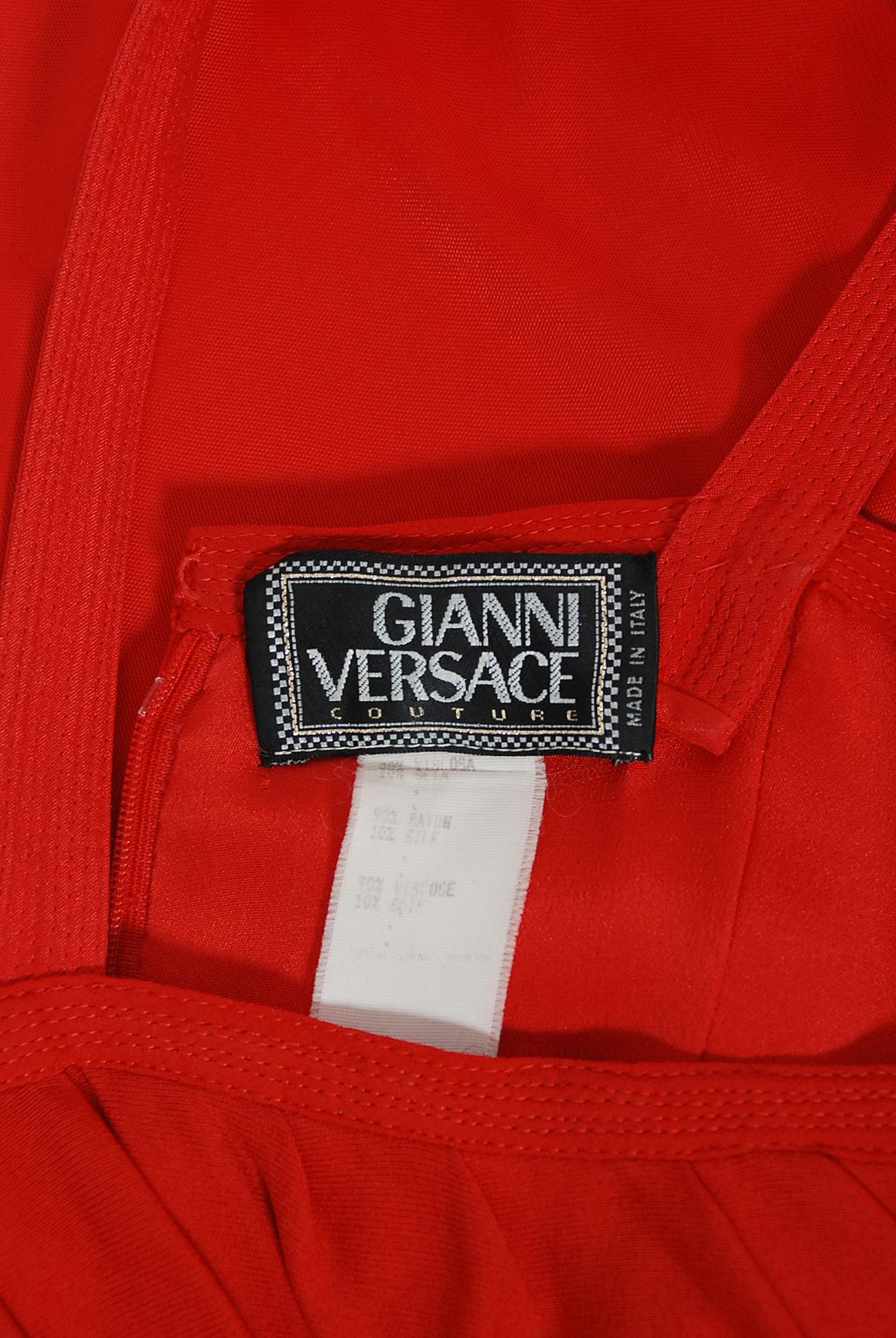 Vintage 1993 Gianni Versace Couture Documented Red Silk Bustier High-Slits Gown 11