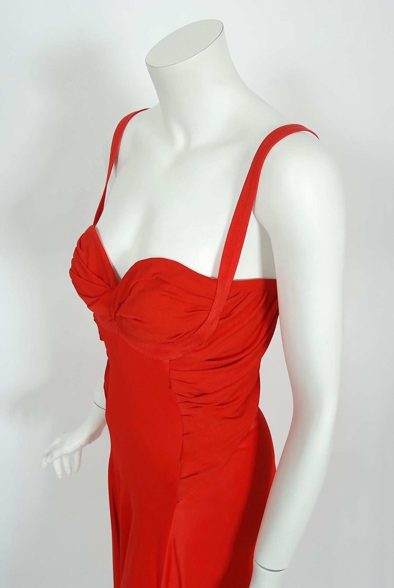 Women's Vintage 1993 Gianni Versace Couture Documented Red Silk Bustier High-Slits Gown