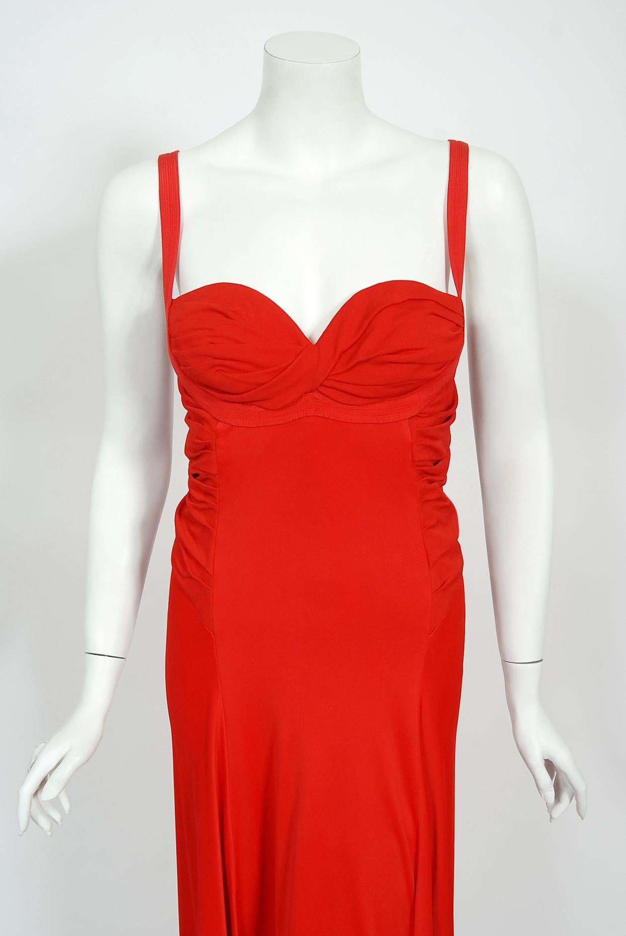 Vintage 1993 Gianni Versace Couture Documented Red Silk Bustier High-Slits Gown 1