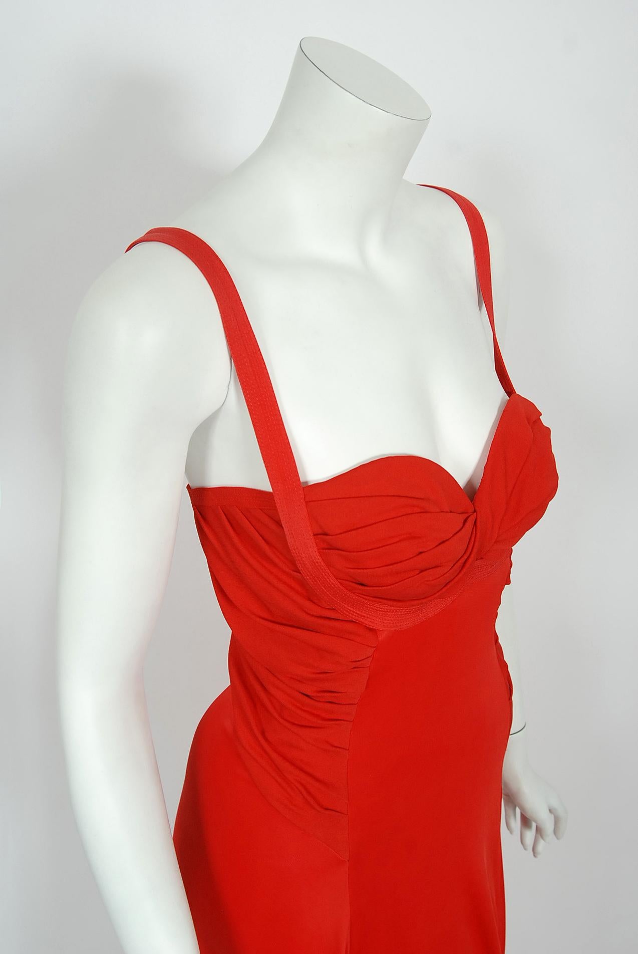 Vintage 1993 Gianni Versace Couture Documented Red Silk Bustier High-Slits Gown 5