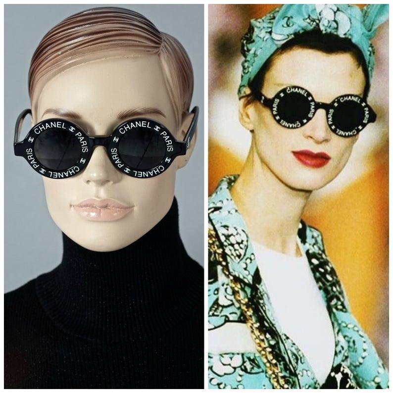 Vintage 1993 Iconique CHANEL PARIS CC Logo Lunettes de soleil rondes noires 4